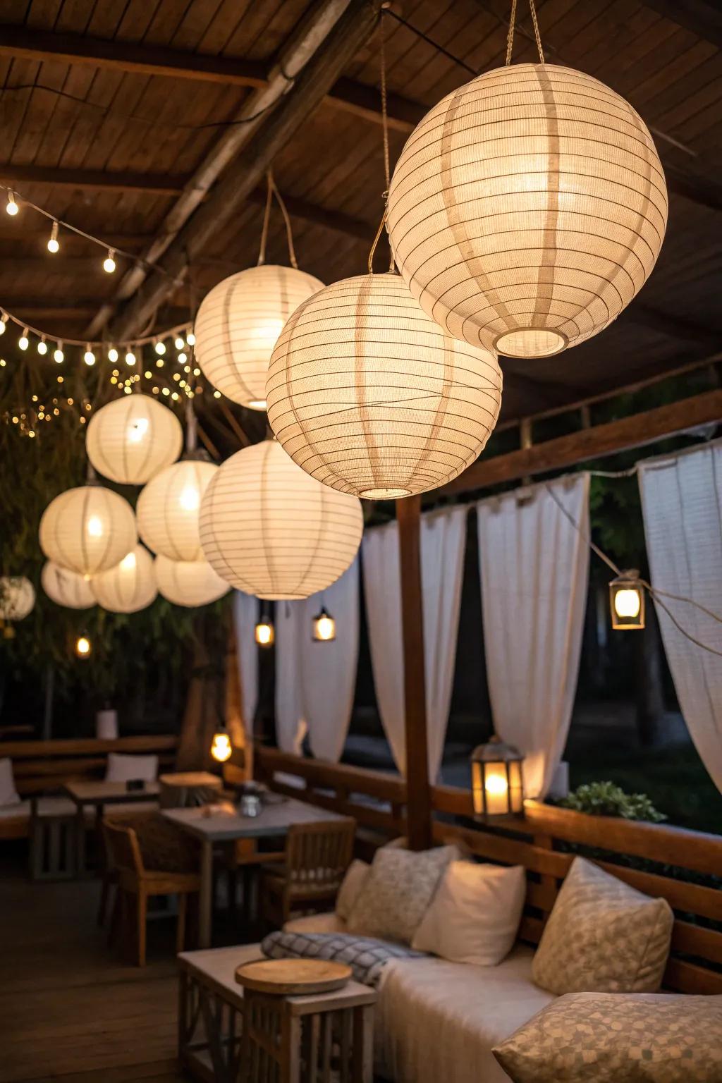 Paper orbs create a serene and dispersed lighting effect.