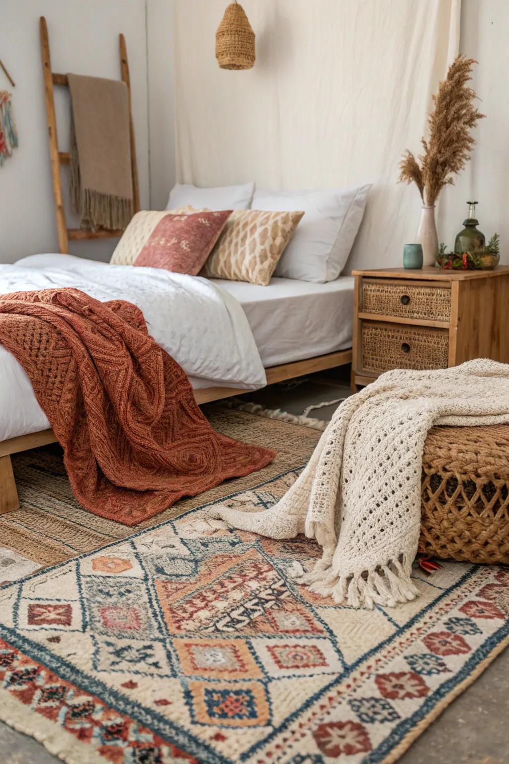 Delicate textiles introduce warmth and dimension to compact bedroom spaces.