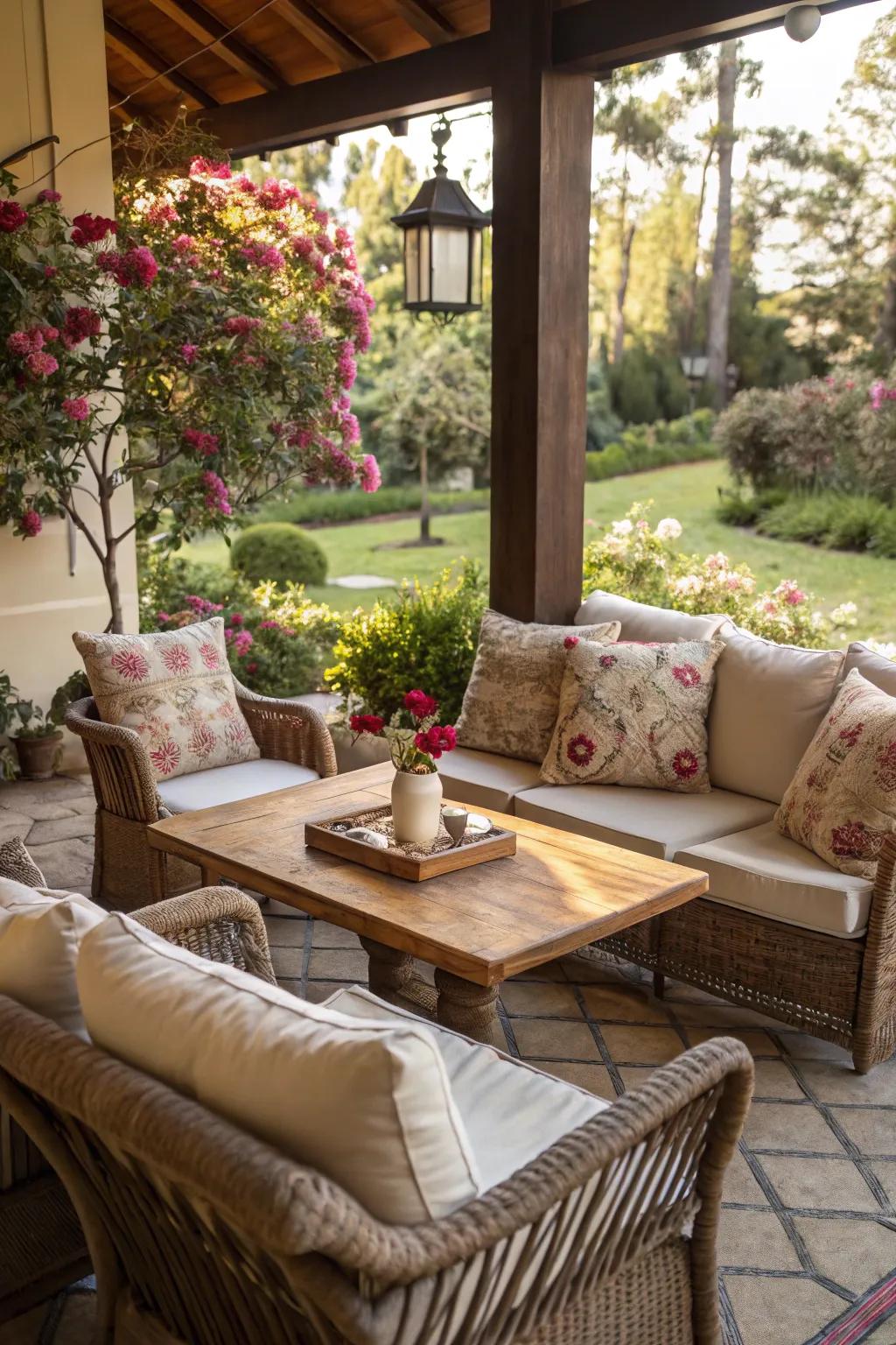 Cushions transform outdoor seating areas into inviting nooks.