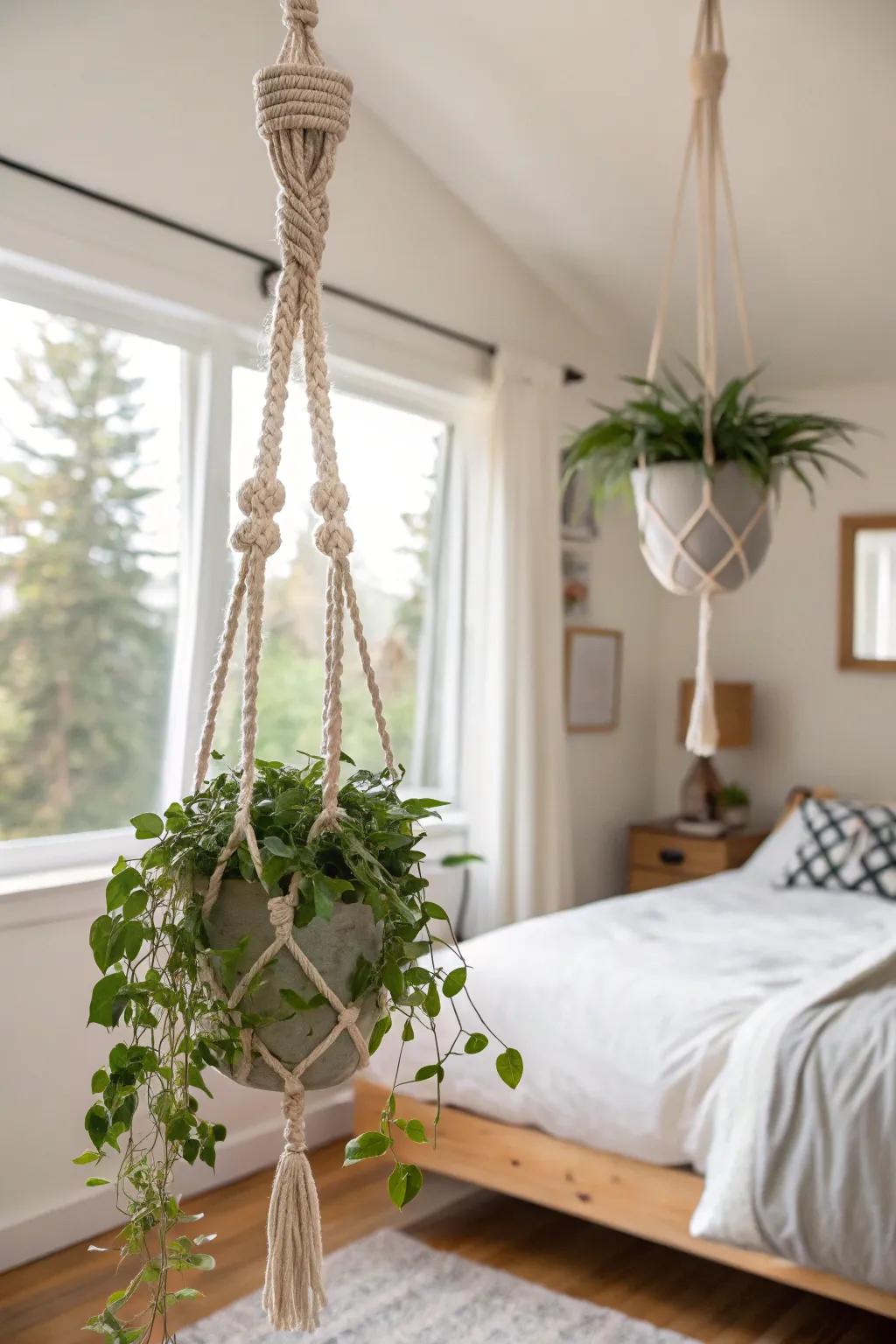 Suspended plants contribute a playful and space-efficient detail to your bedroom's design.