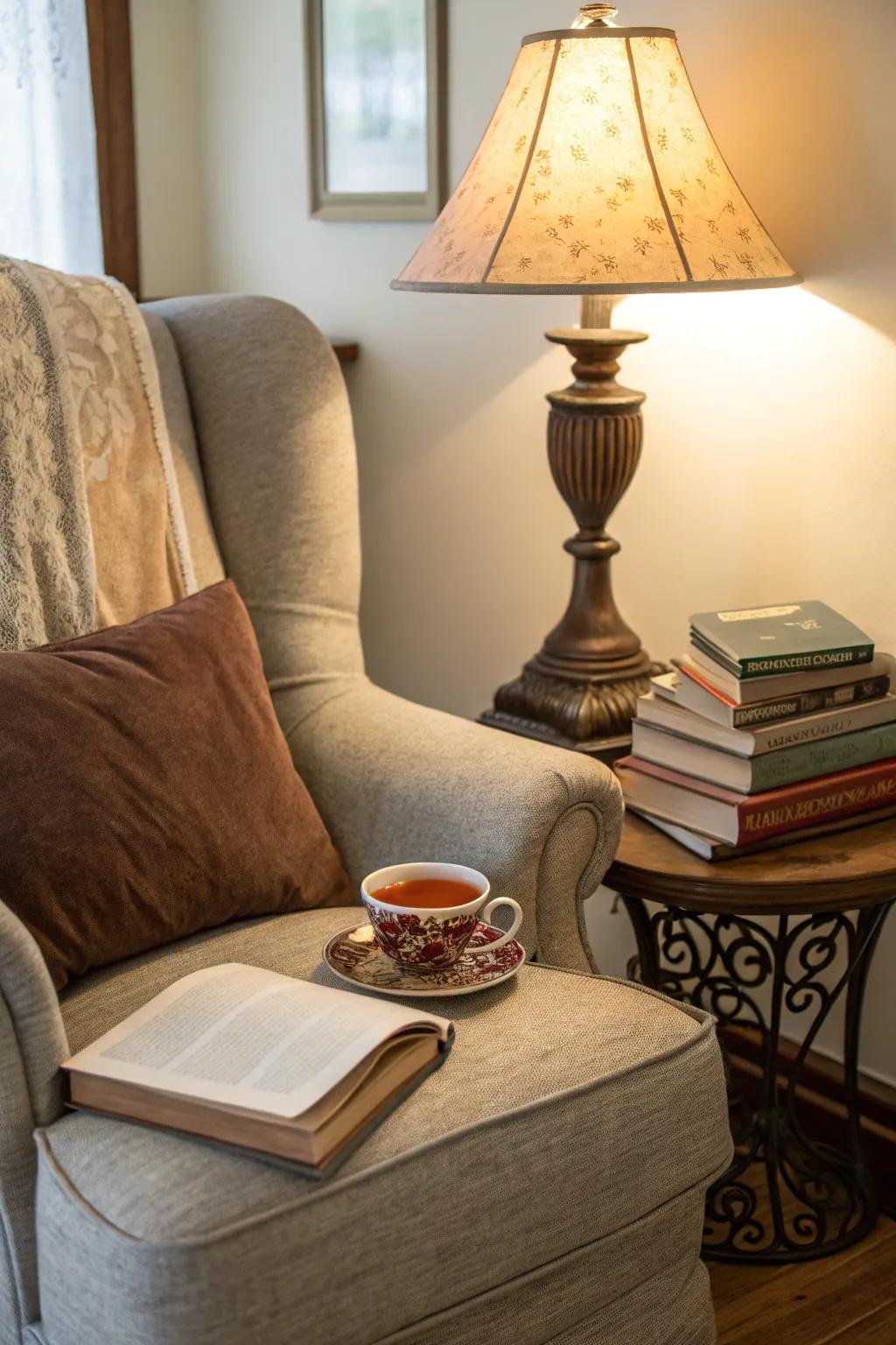 An oversized chair crafts an inviting and snug reading space, perfect for unwinding.