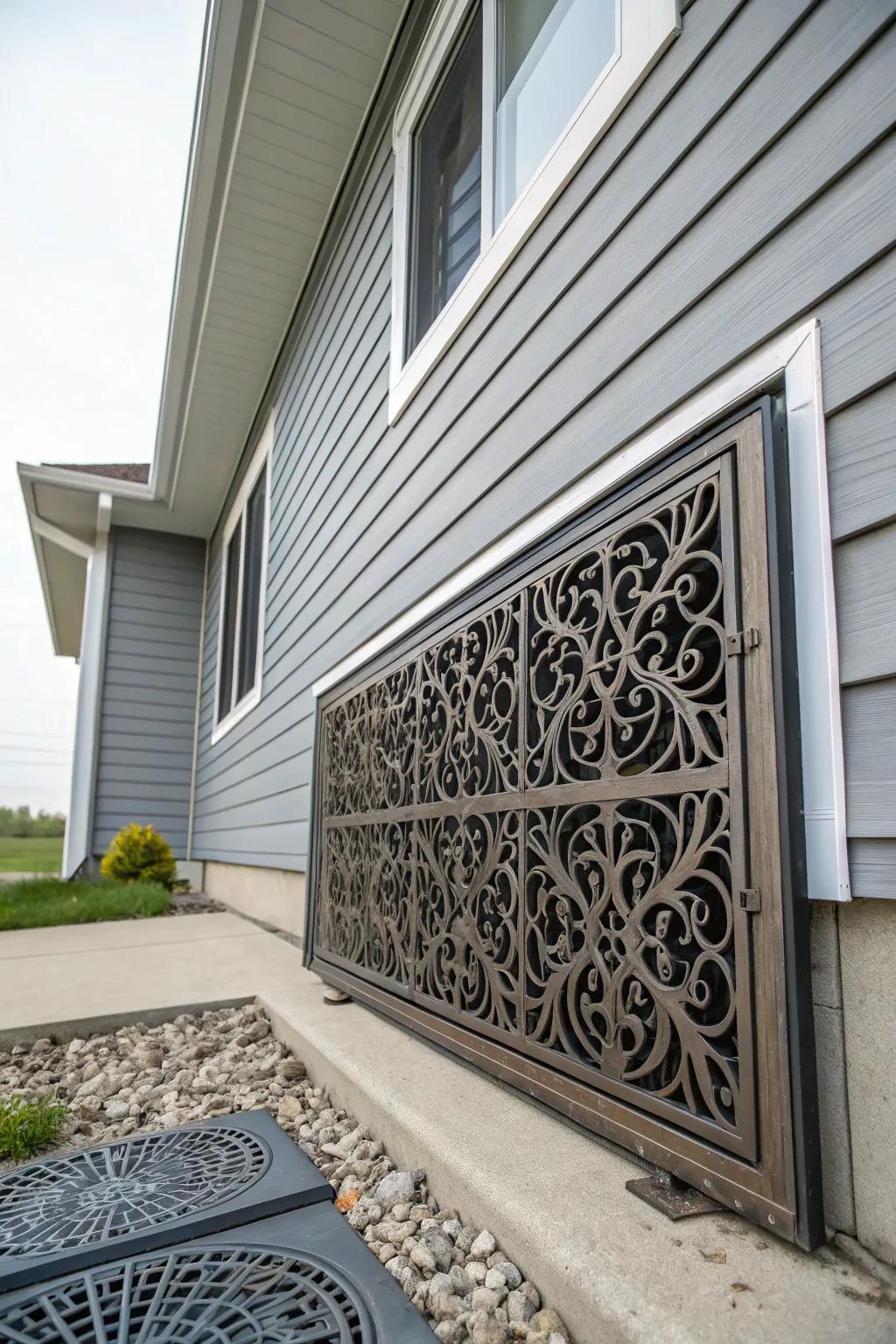 A stylish metal grille adds a modern touch to the crawl space entrance.