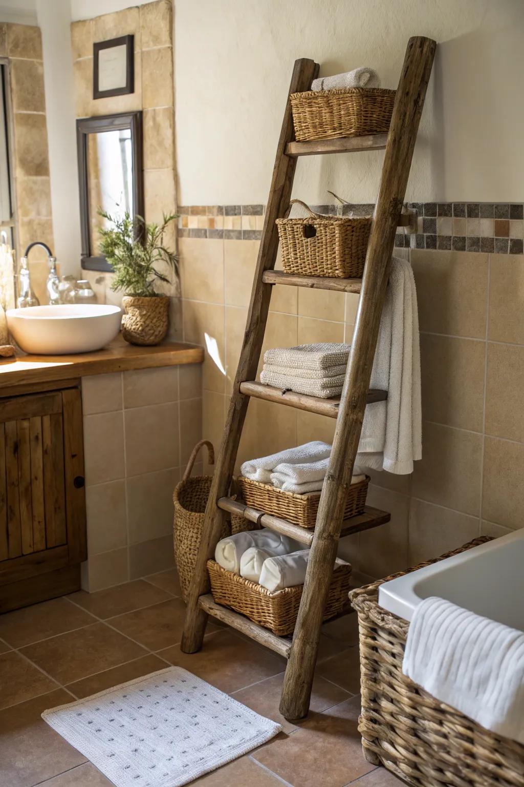 Leaning shelves imbue rustic charm while delivering useful storage options.