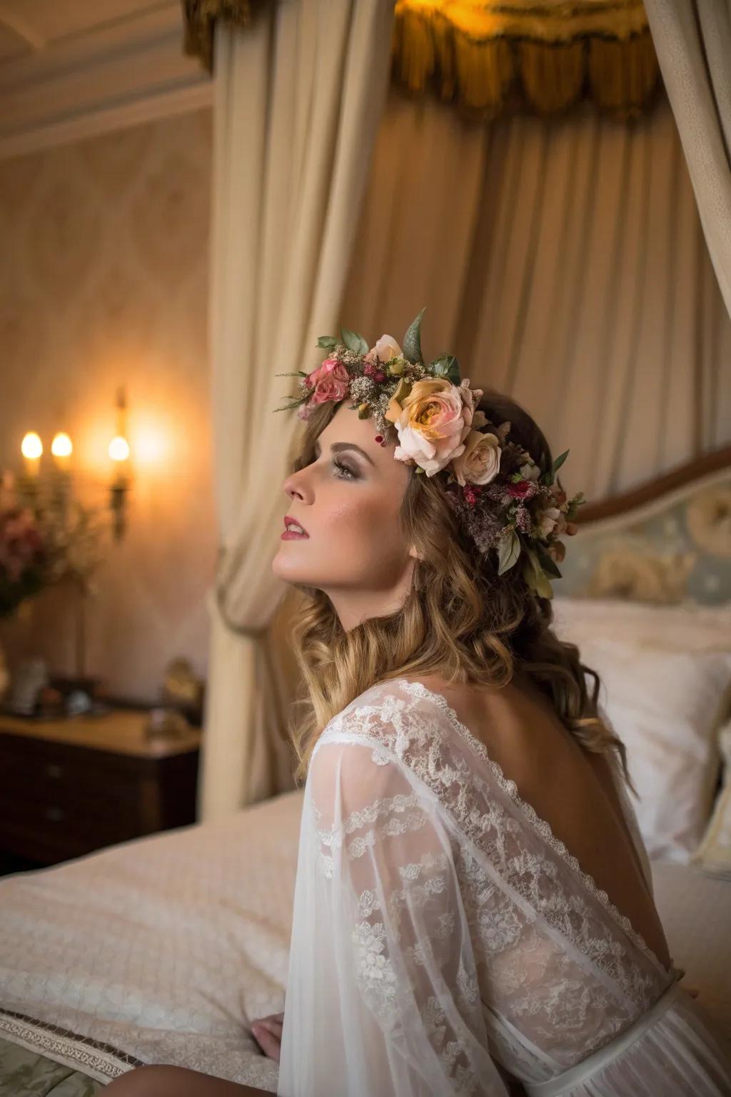 A heartfelt boudoir scene exhibiting a botanical adornment.