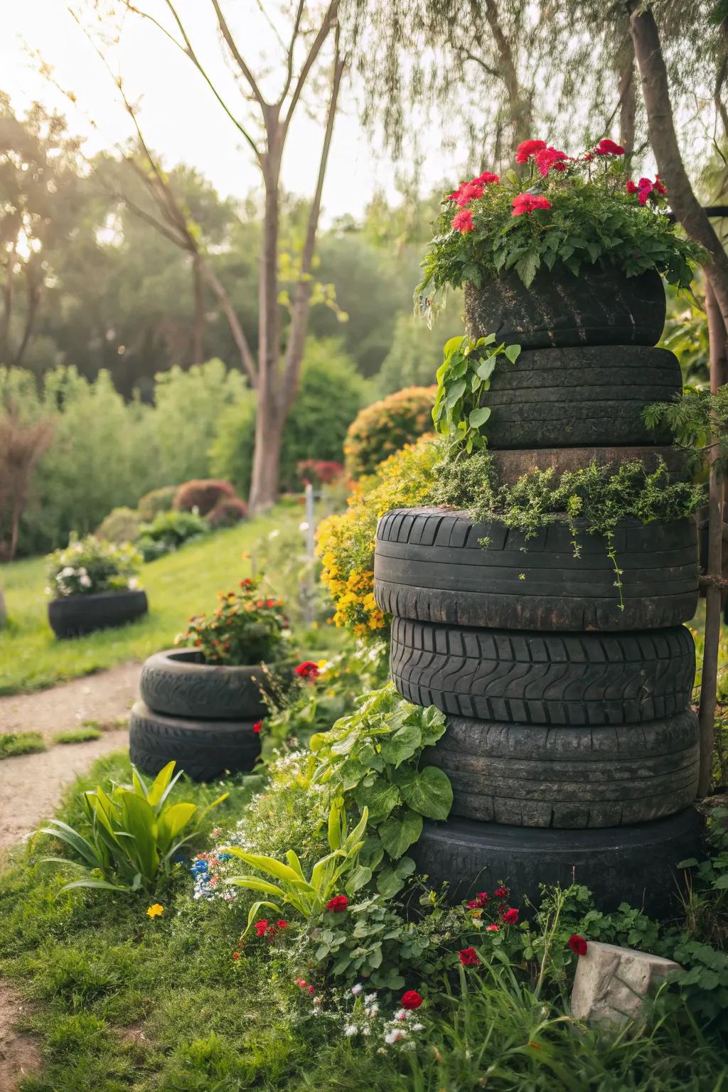 Tiered tire arrangement displaying cascading vegetation.