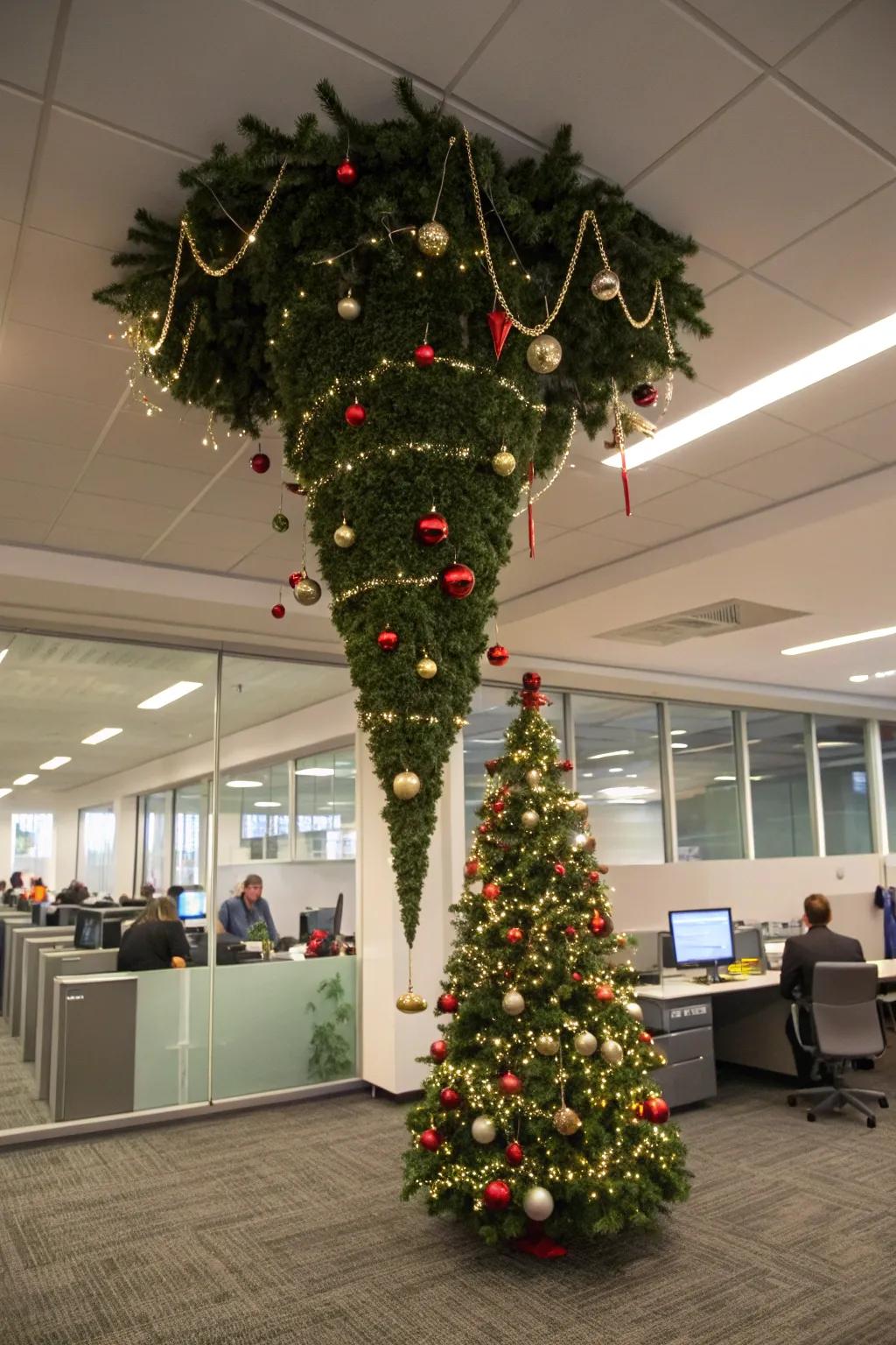 An inverted Christmas fir provides an original twist to office ornaments.