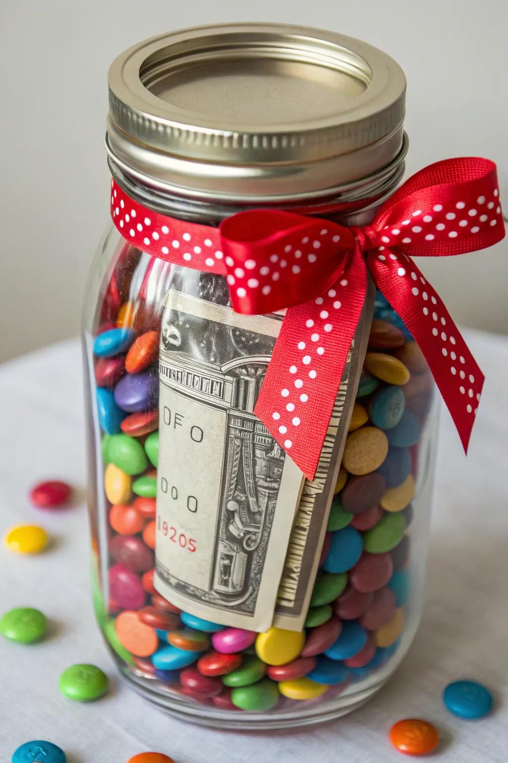 A vessel packed with sweets conceals a monetary delight.