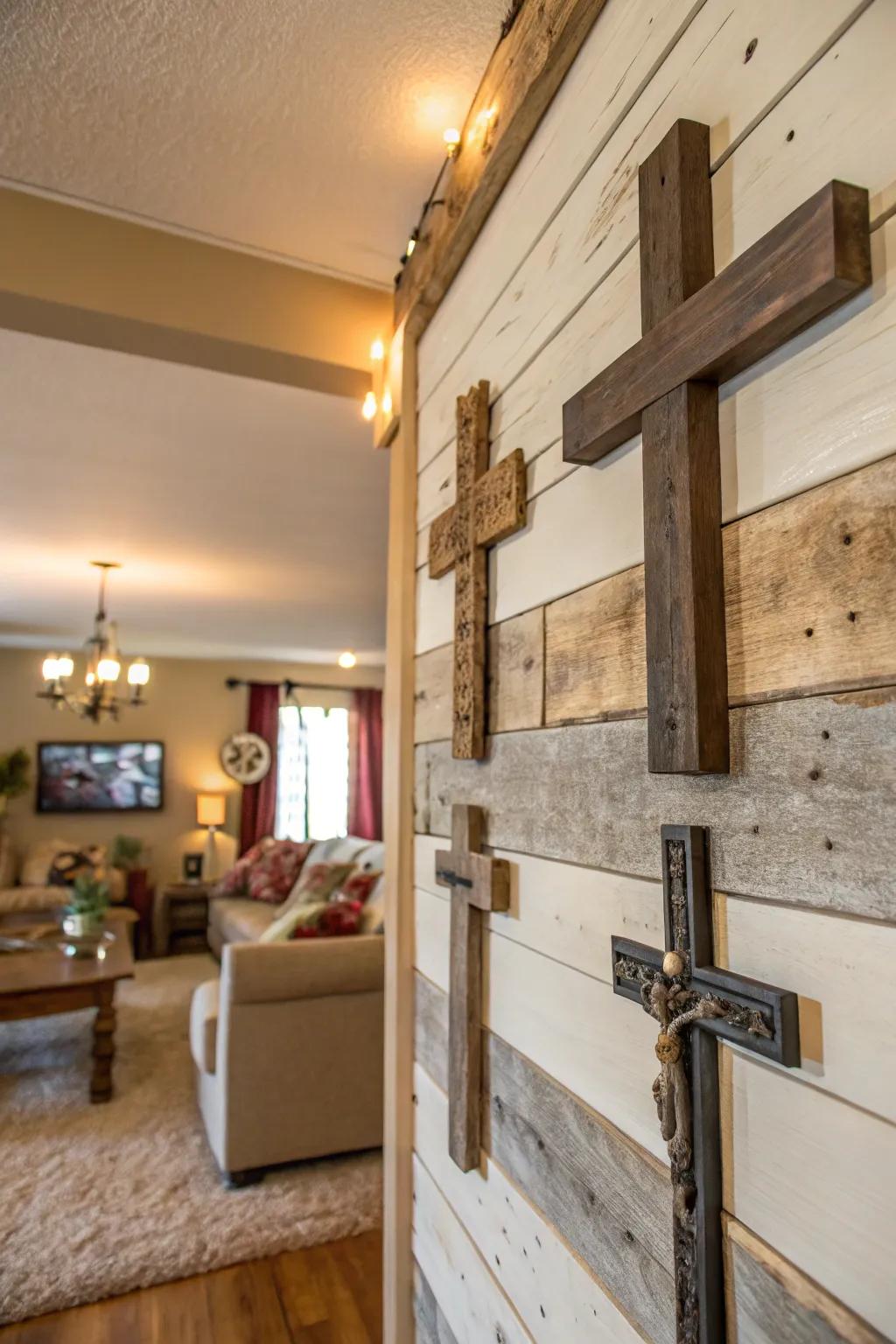 Country house wall decor featuring timber and steel crosses.