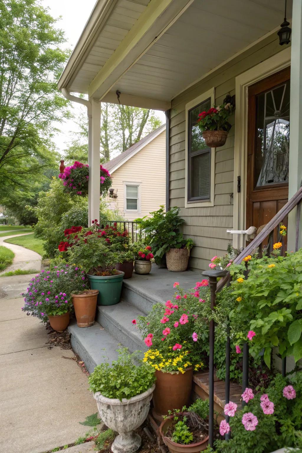 Potted greenery infuses warmth and shade to every porch.