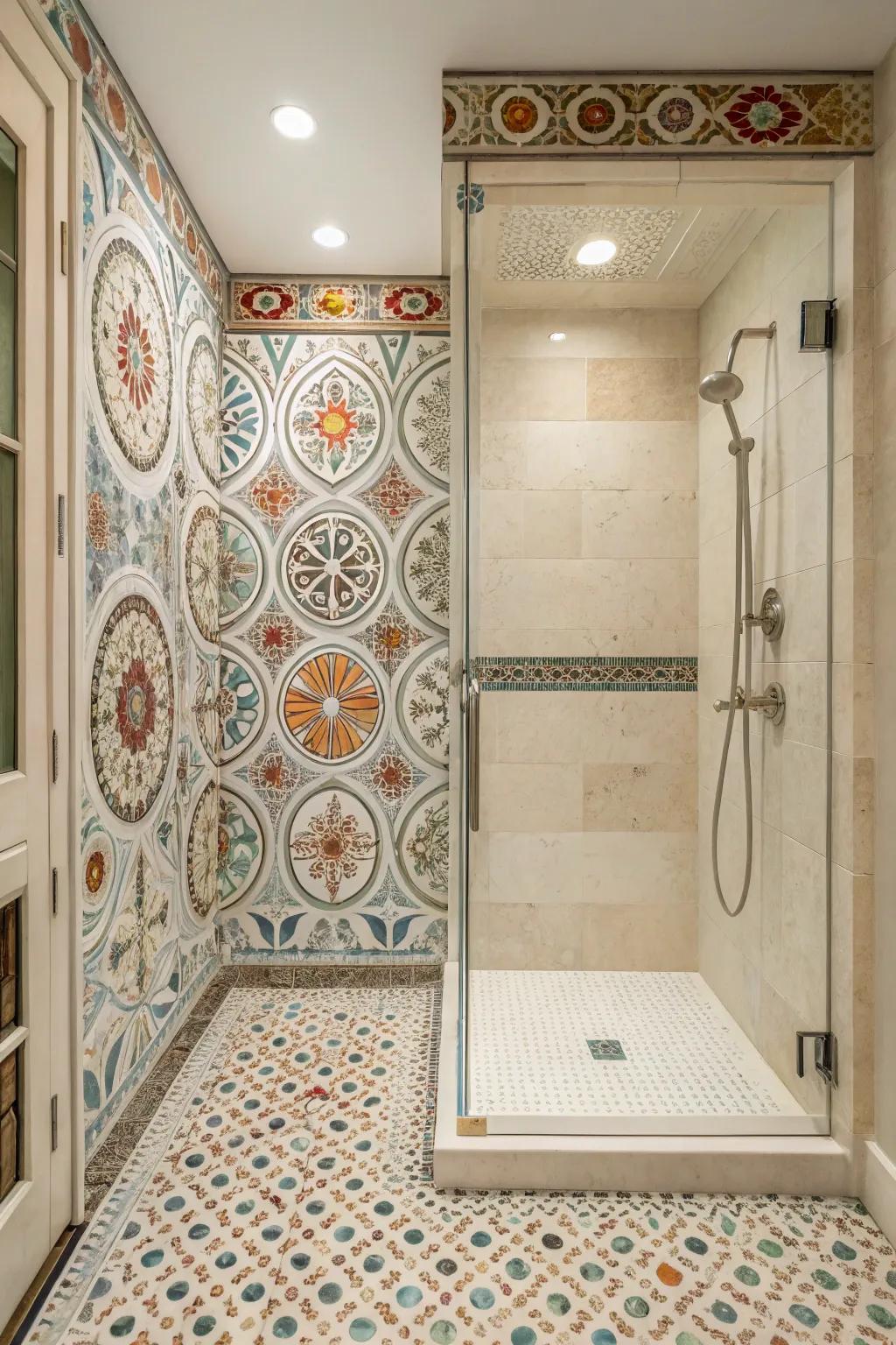 A mosaic design elevates this curbless shower with its charm and elegance.