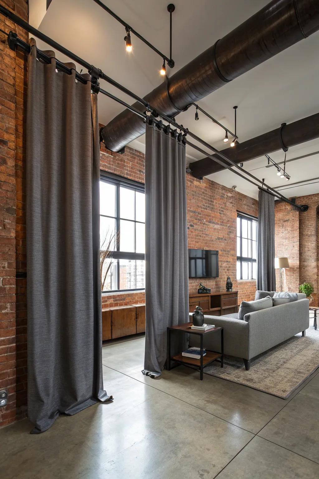 Iron pipes as curtain rods create a striking industrial chic aesthetic.