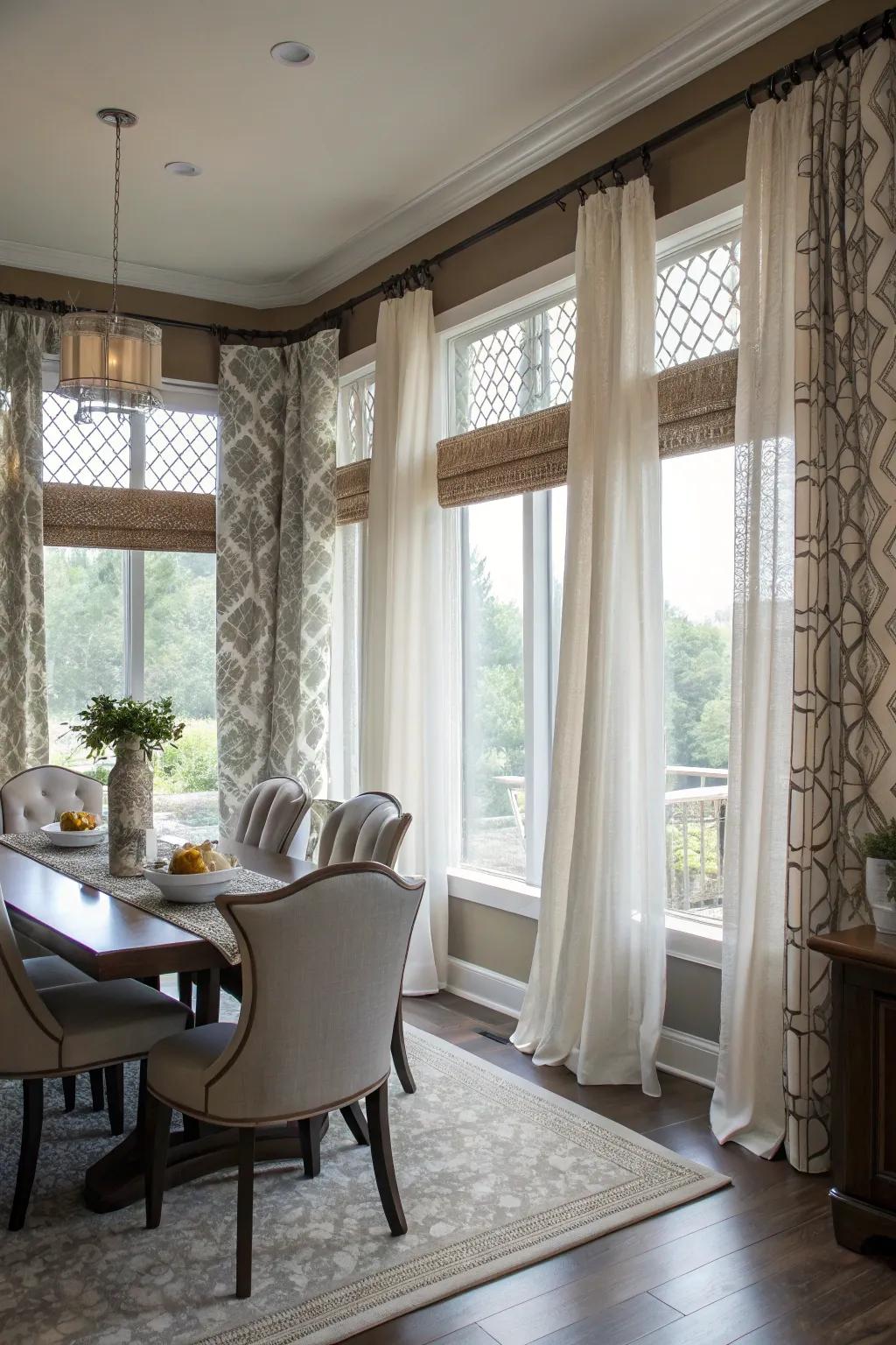 Layered curtains add dimension and practicality to spaces with multiple windows.