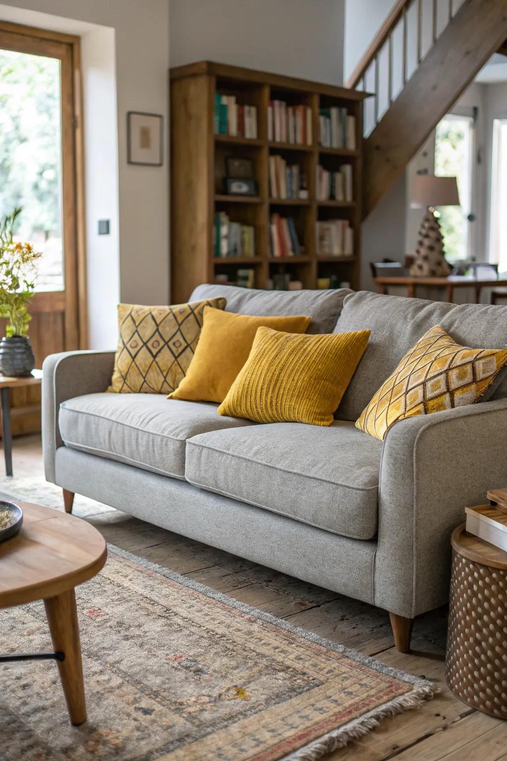 Mustard yellow cushions offer a cozy, inviting contrast to a grey sofa.