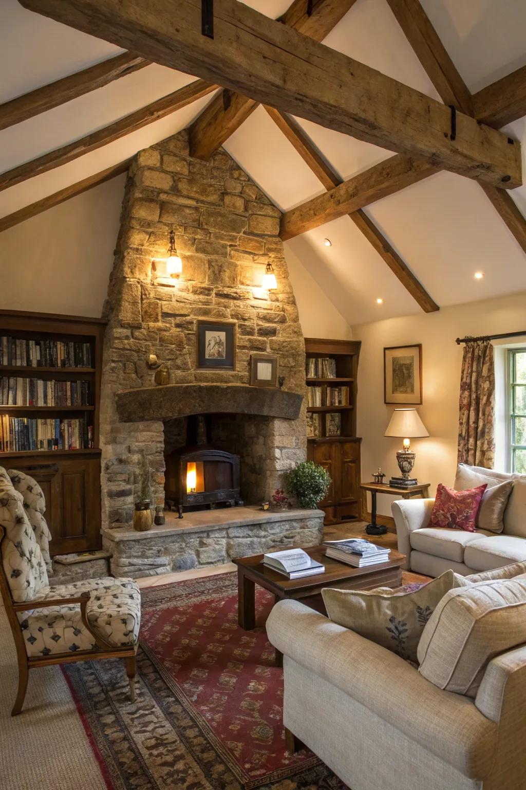 A stonework fireplace radiates classic charm and coziness to any room.
