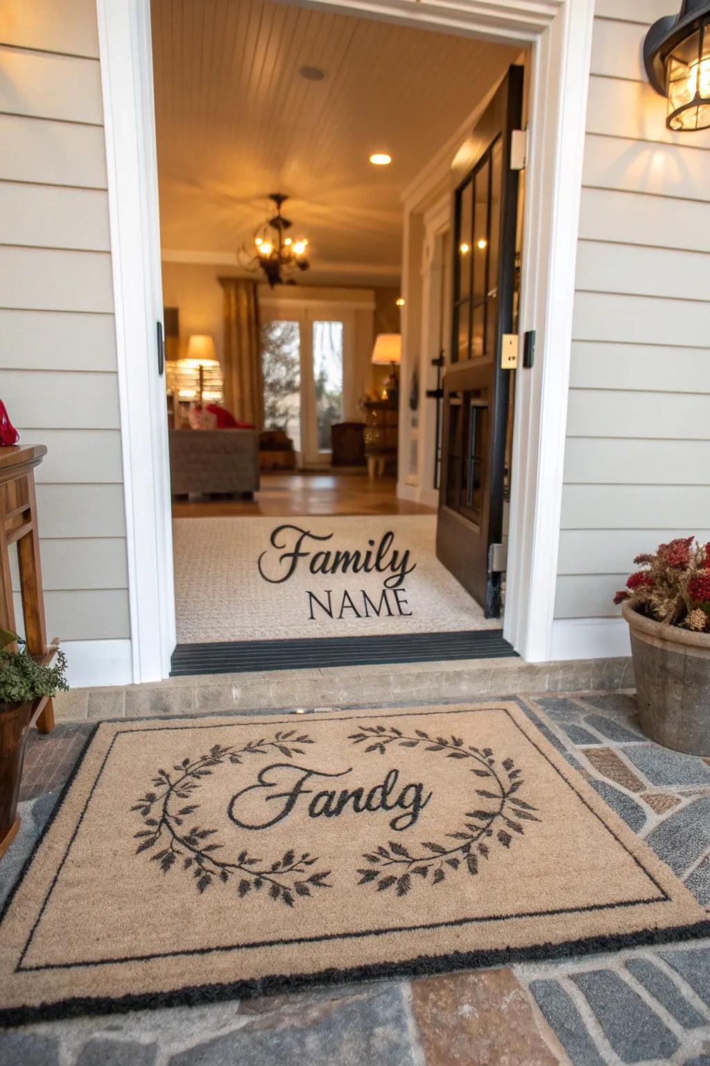 A customized moniker rug makes a heartfelt statement in any entryway.
