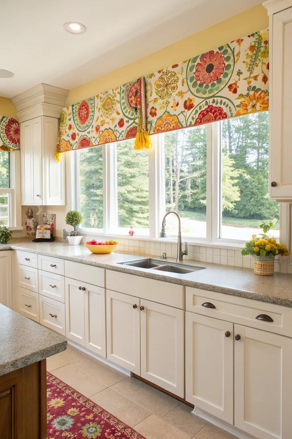 Brighten up your kitchen with playful tie and tab top valances.