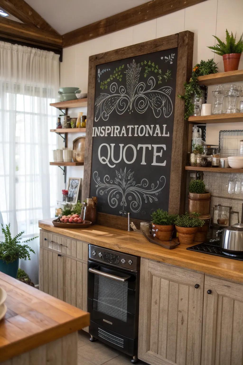 A kitchen chalkboard displaying an inspirational quote to begin the day positively.