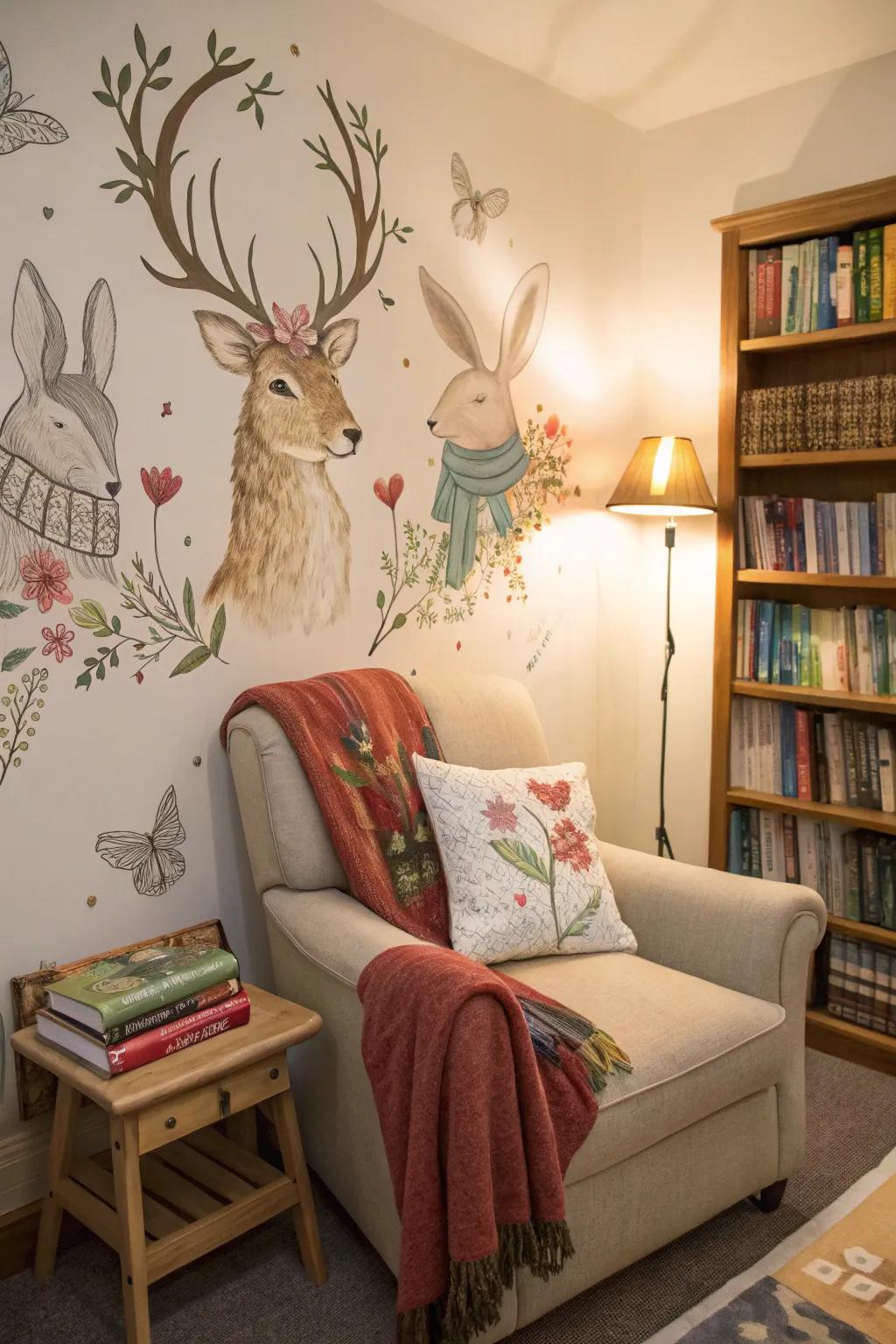 Fanciful forest friends crafting an enchanting reading space.
