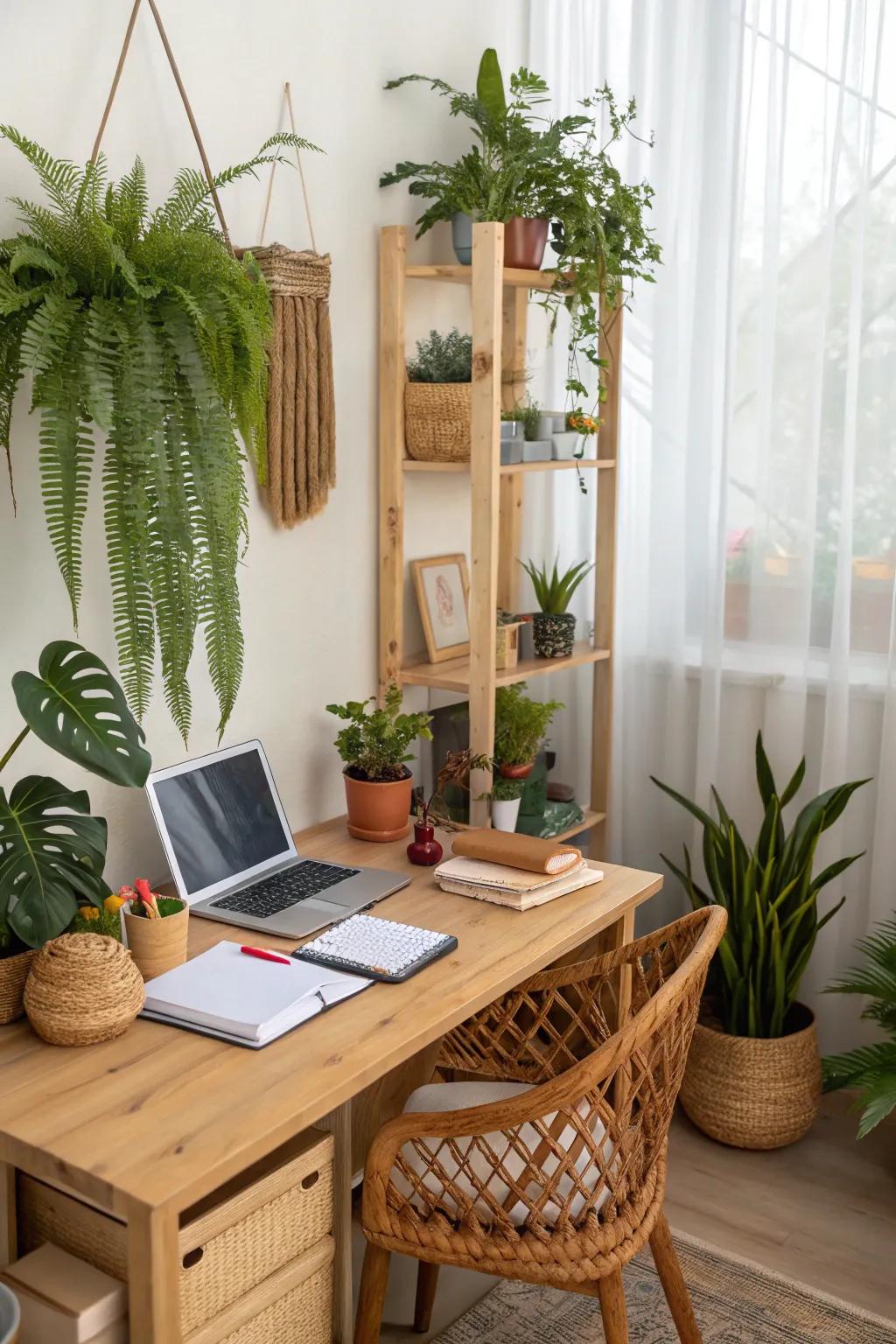 A revitalized home office layout featuring assorted plants and natural decorative features.