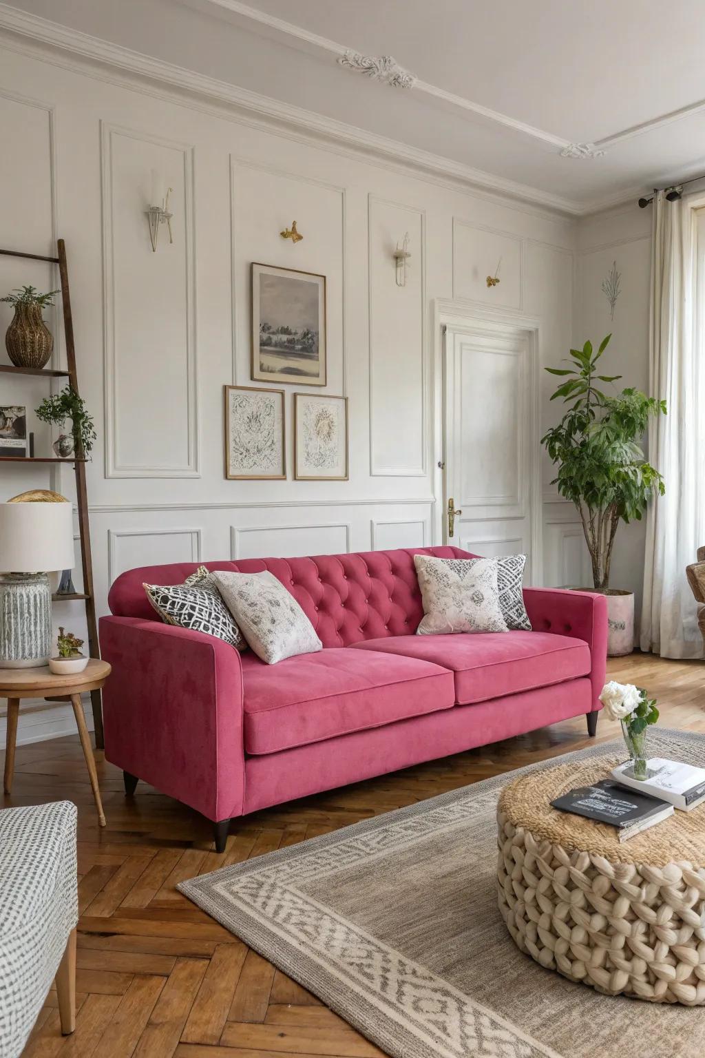 A striking roseate couch transforms into the central attraction of this fashionable living room.