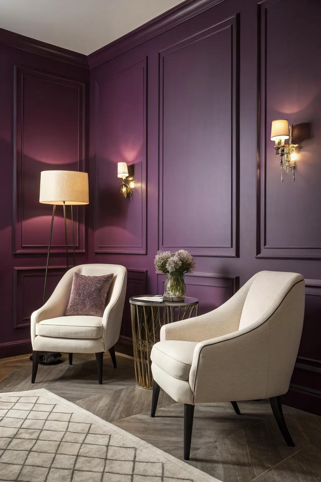 A striking violet accent wall adding depth and character.