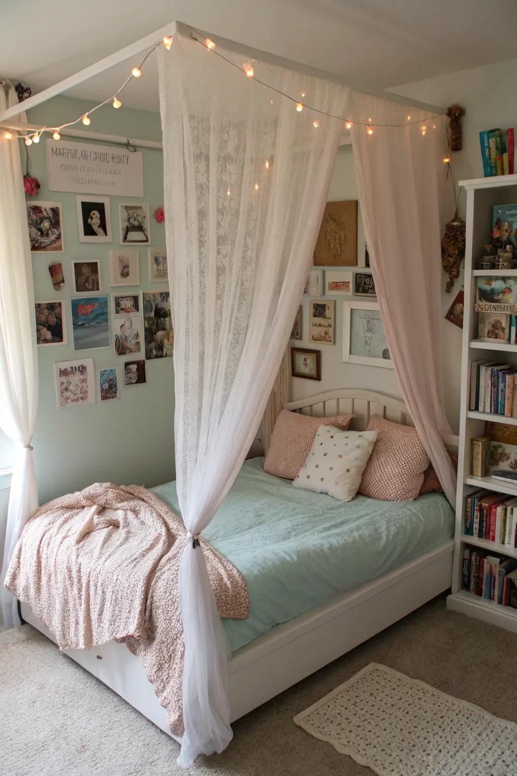 A calm teen bedroom featuring a canopy bed.