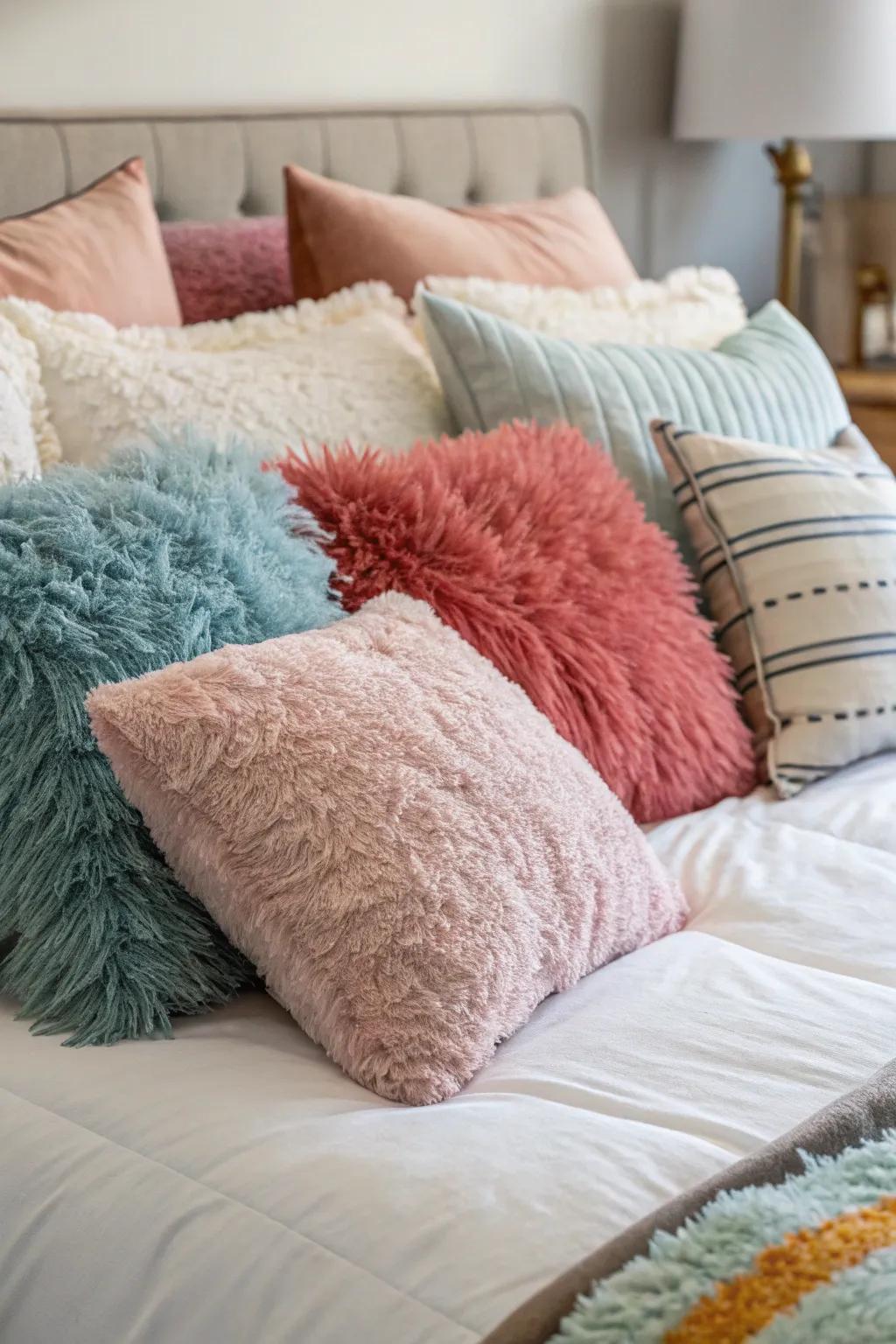 Layered pillows fashion a snug and welcoming environment.