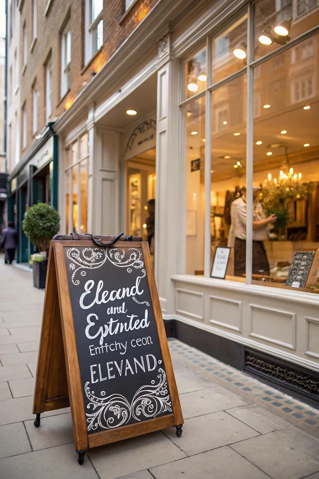 A storefront featuring a creative, hand-painted wooden sign that elegantly stands out.