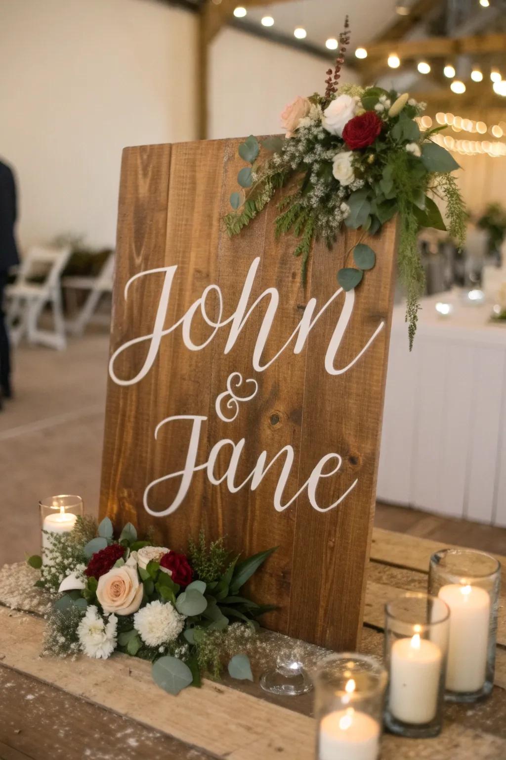 A personalized wedding sign elegantly guiding attendees.