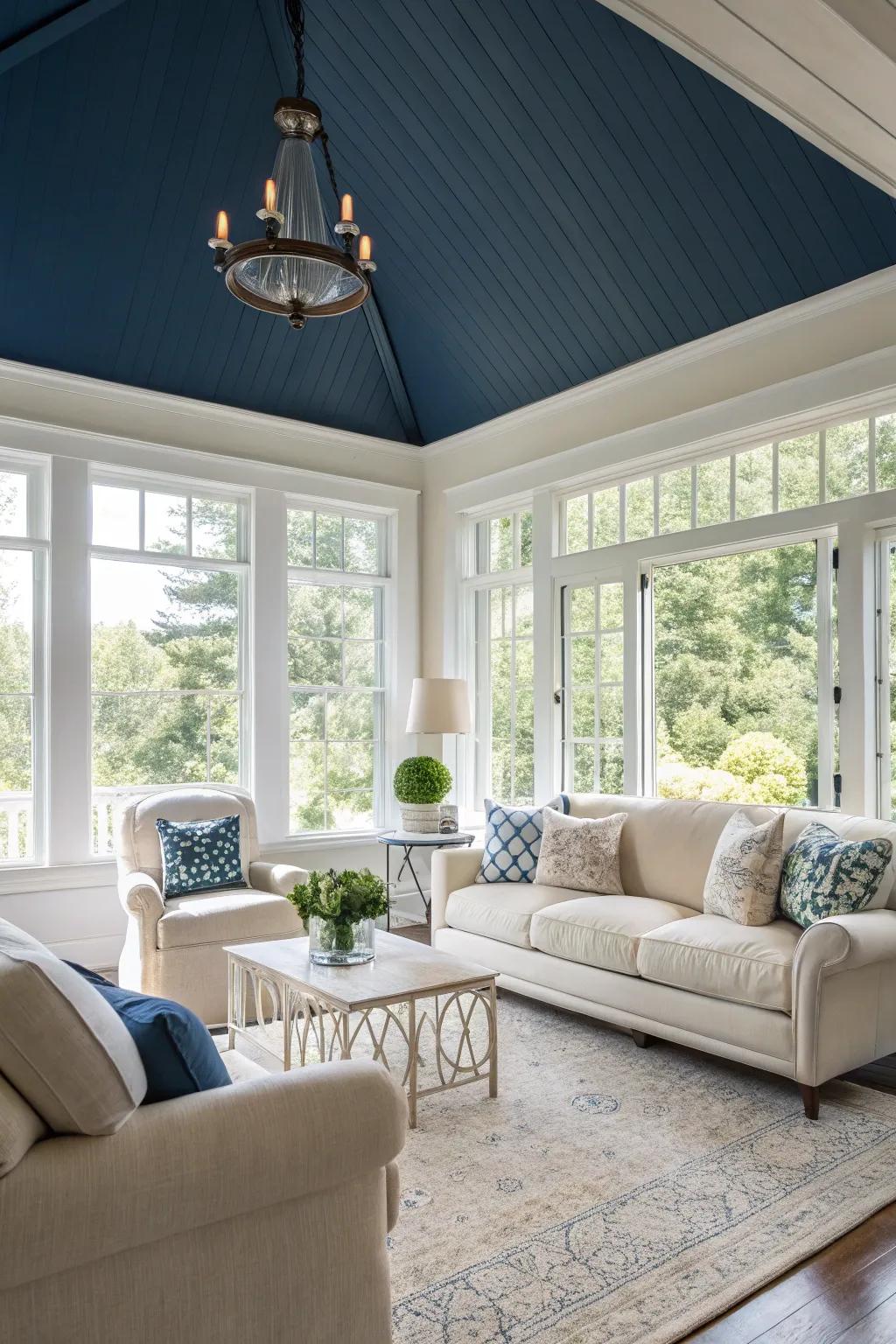 A lounge exhibiting dimension, attributable to a deep azure ceiling.