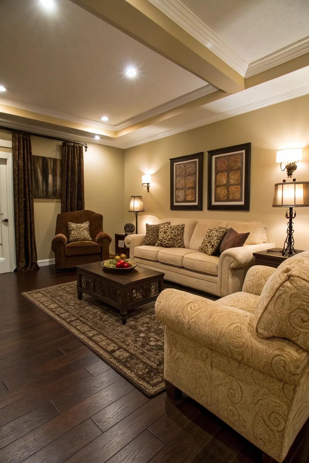 Beige walls bring a sense of warmth and comfort to any space with dark flooring.