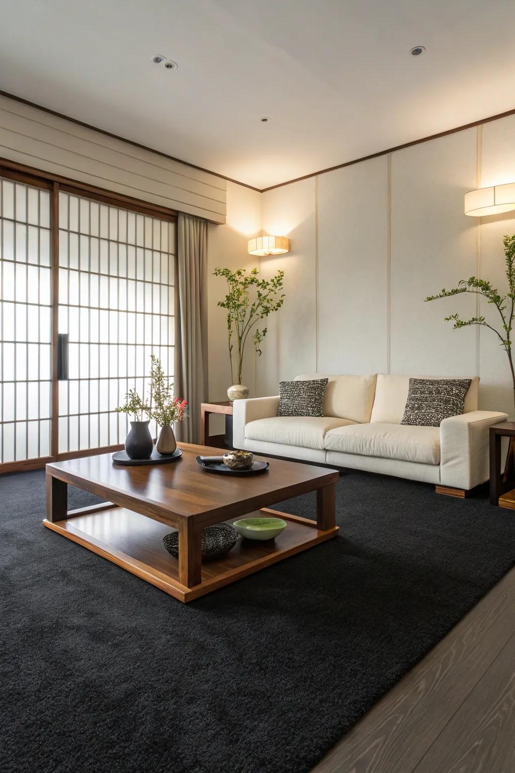 Simple design that uses a deep-toned floor covering as the point of interest.