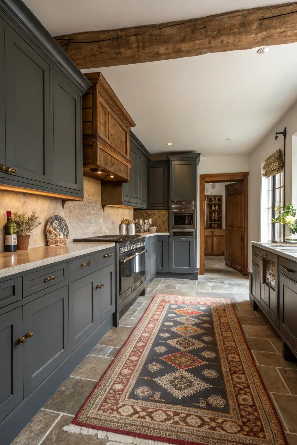 Classic kitchen enhanced by deep charcoal cabinets and traditional wooden features.