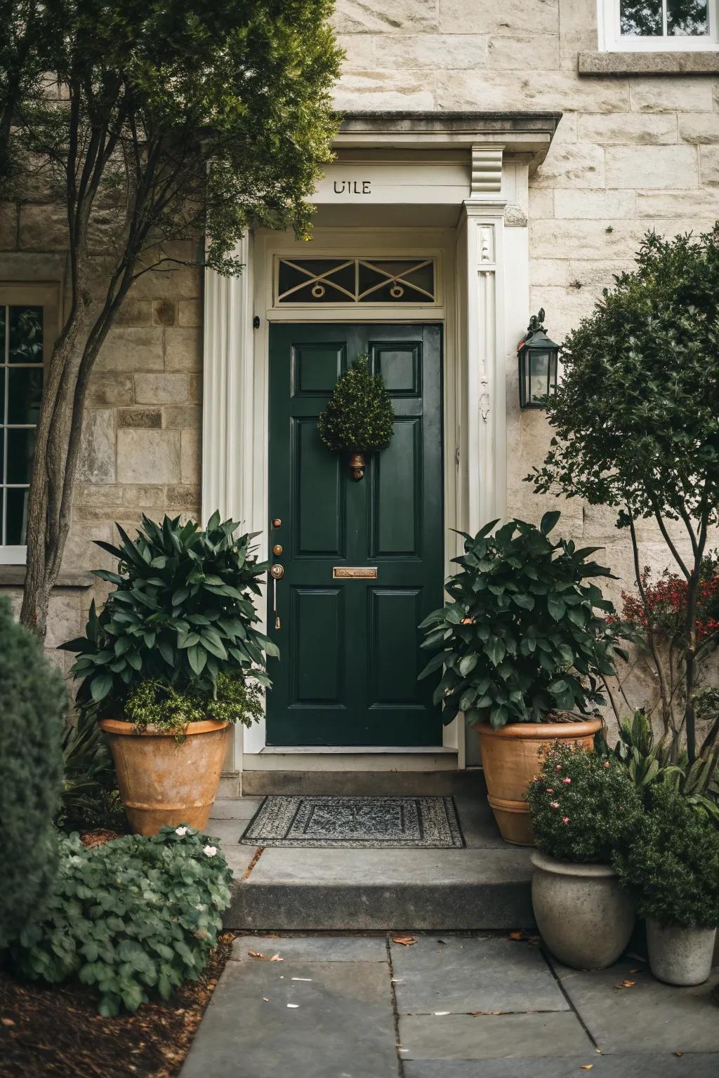 Symmetrical botanical elements amplify the inviting essence of the entrance.