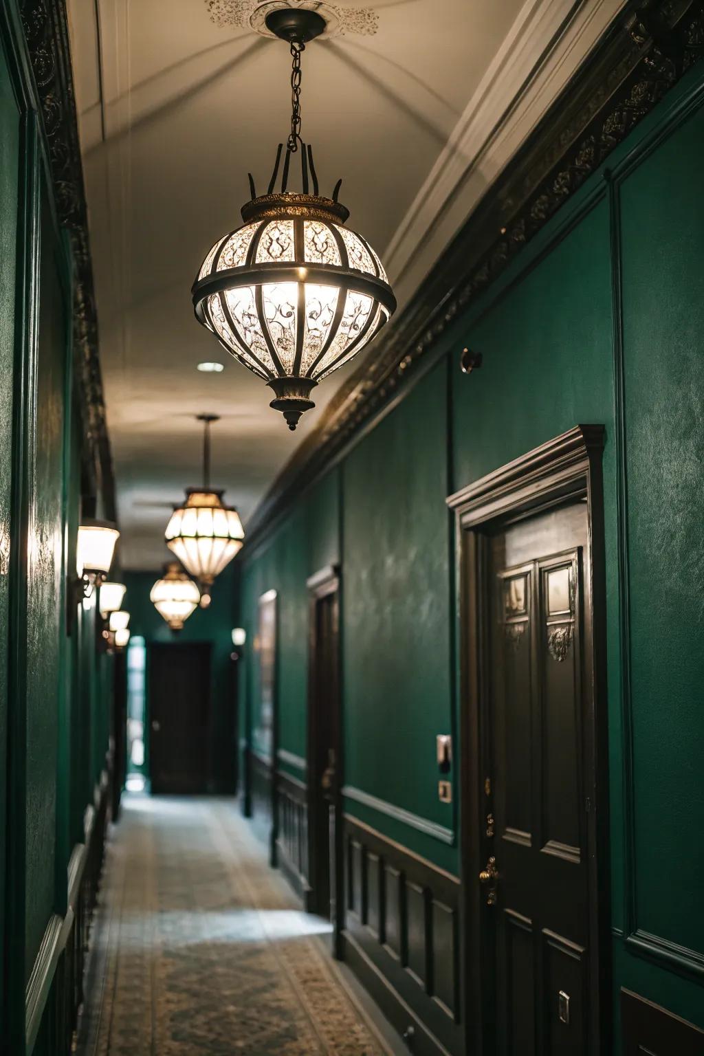 Pendant lighting adds elegance to this dark green hallway.