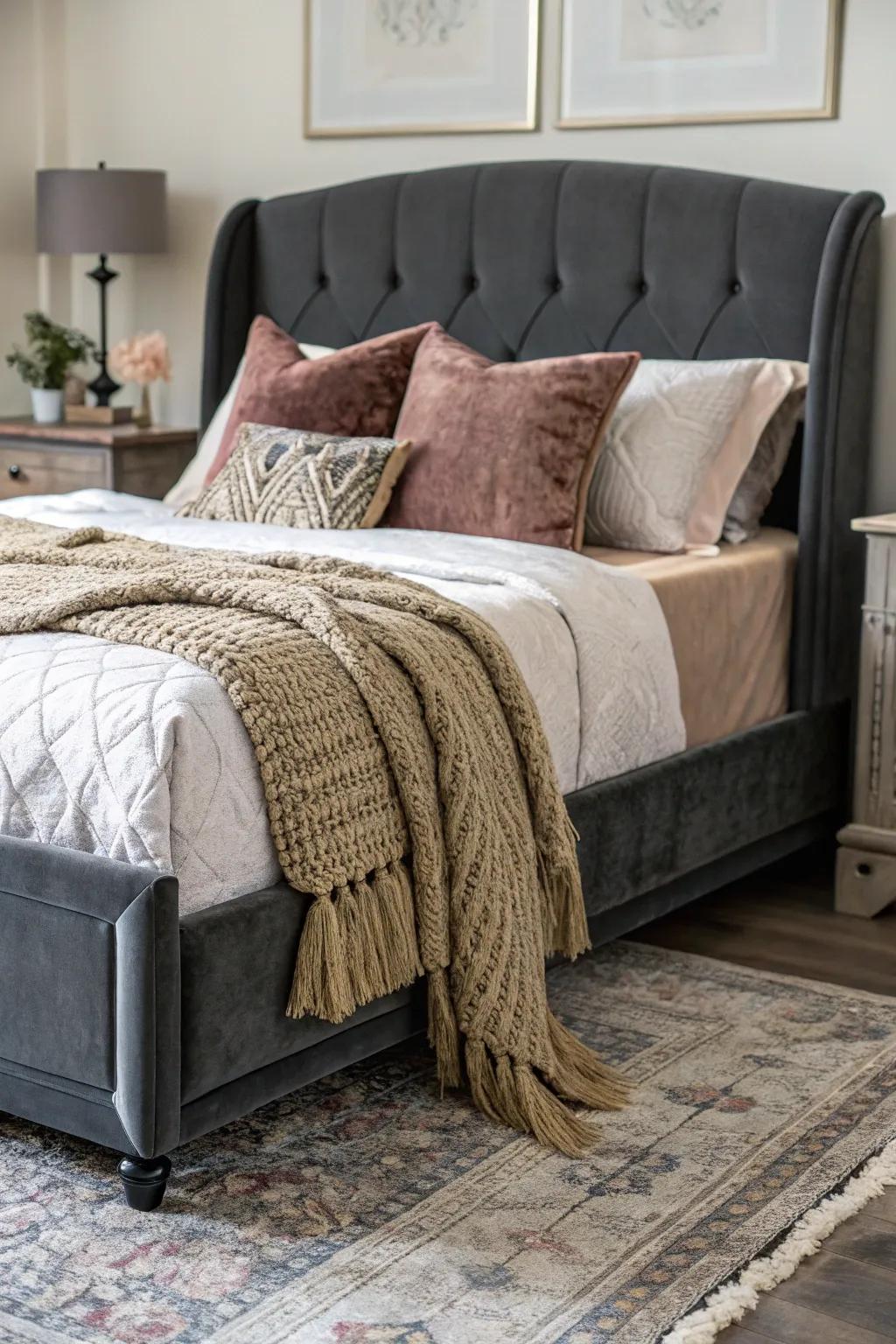 A deep charcoal bed frame and opulent fabrics combine to create a bedroom with plenty of texture.