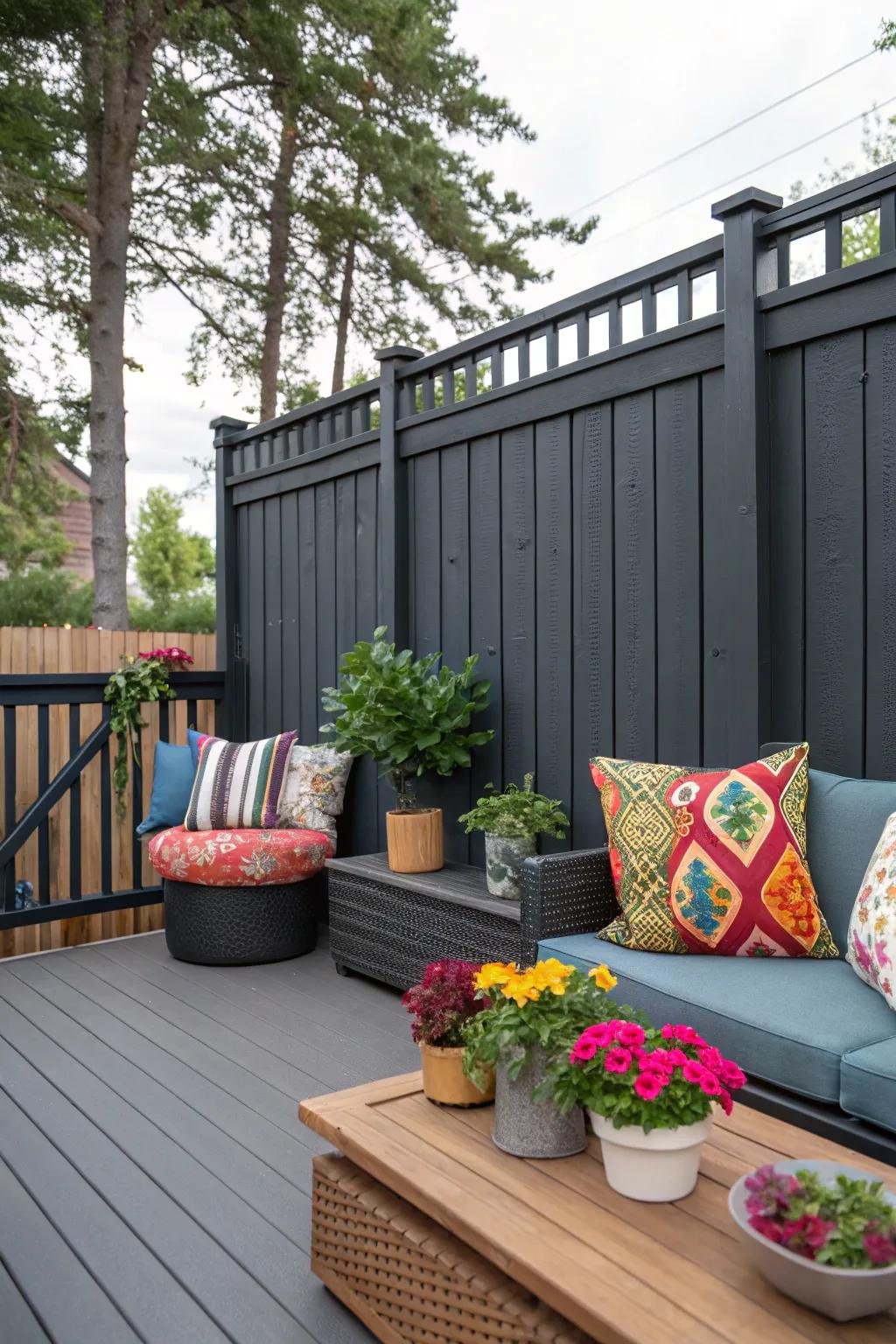 A cozy patio featuring a deep charcoal privacy screen, highlighted by vibrant cushions and planters.