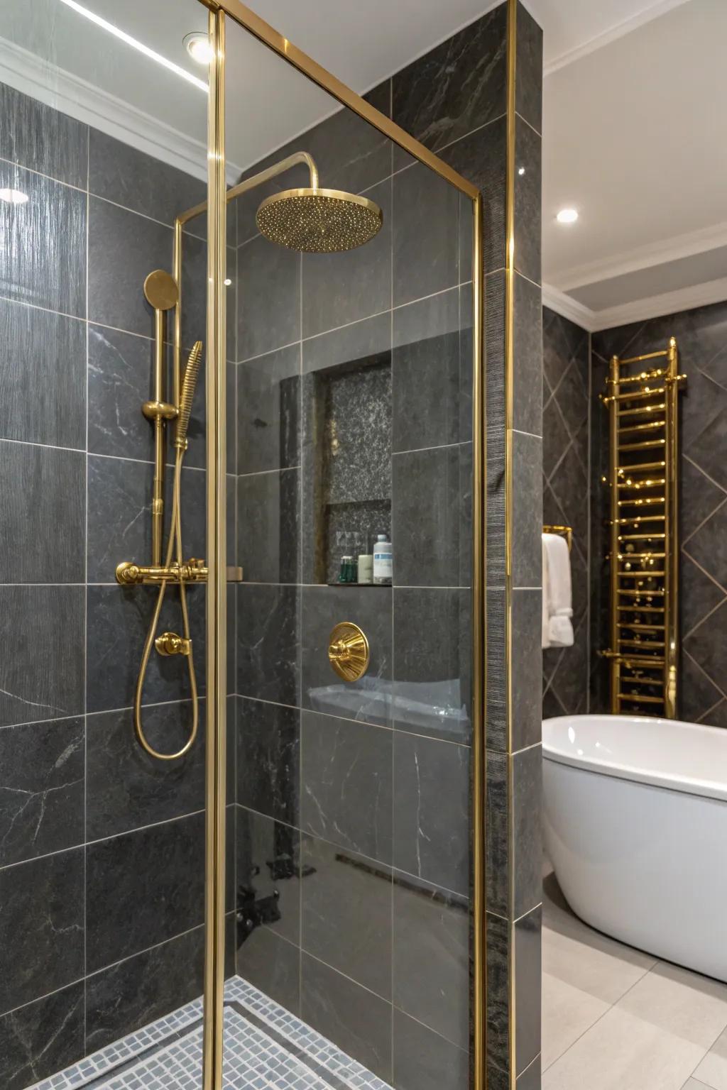 Gleaming tiles and brass hardware give this bathroom a luxurious feel.