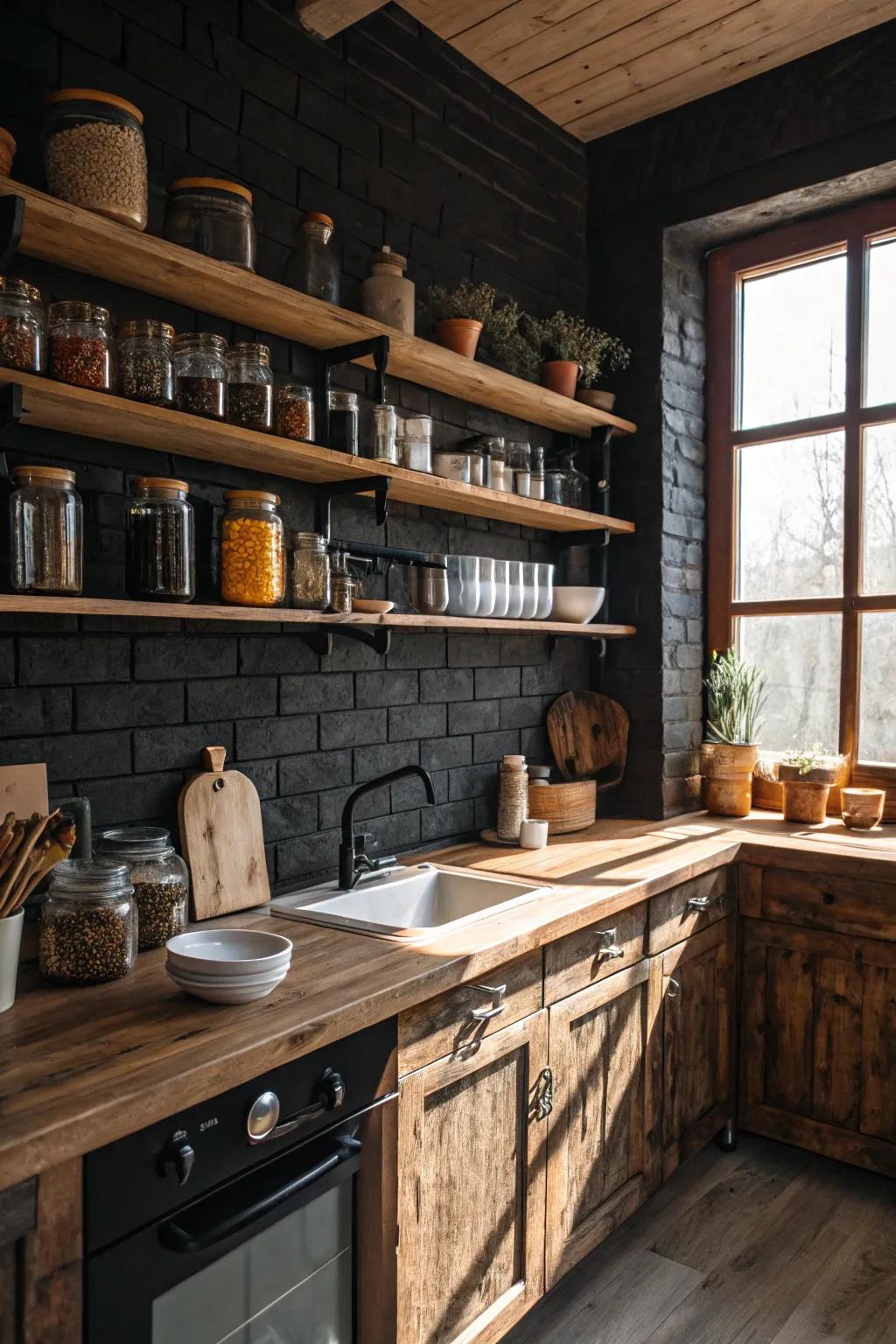 A rustic kitchen with a dark brick backsplash and wooden shelving for a cozy feel.