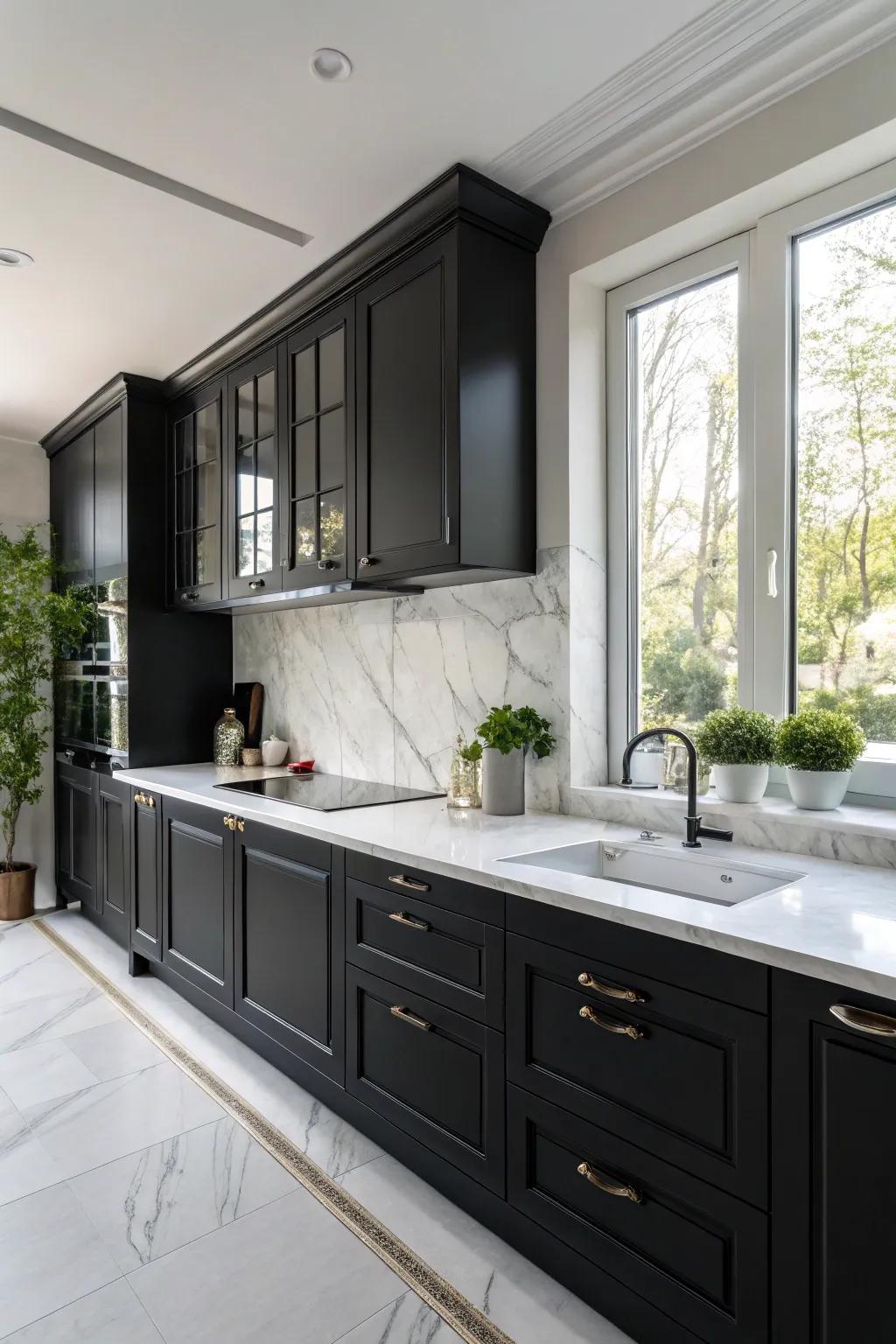 Striking contrast between dark cabinets and white marble countertops enhances the kitchen's openness.