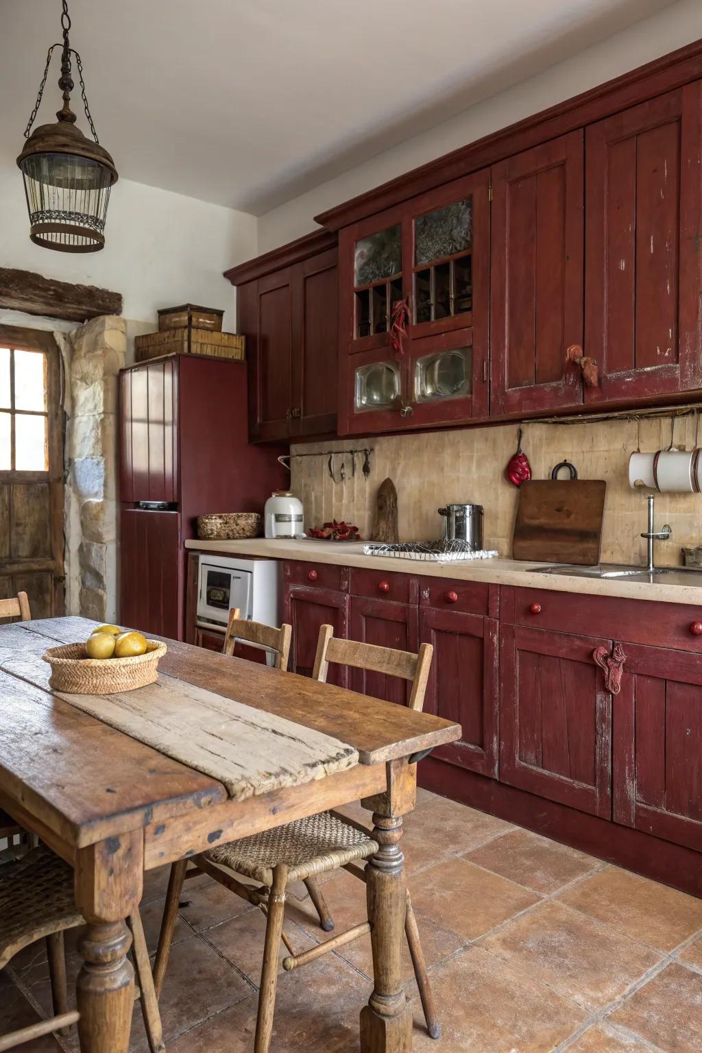 Rustic kitchen featuring dark red cabinets and wooden accents.