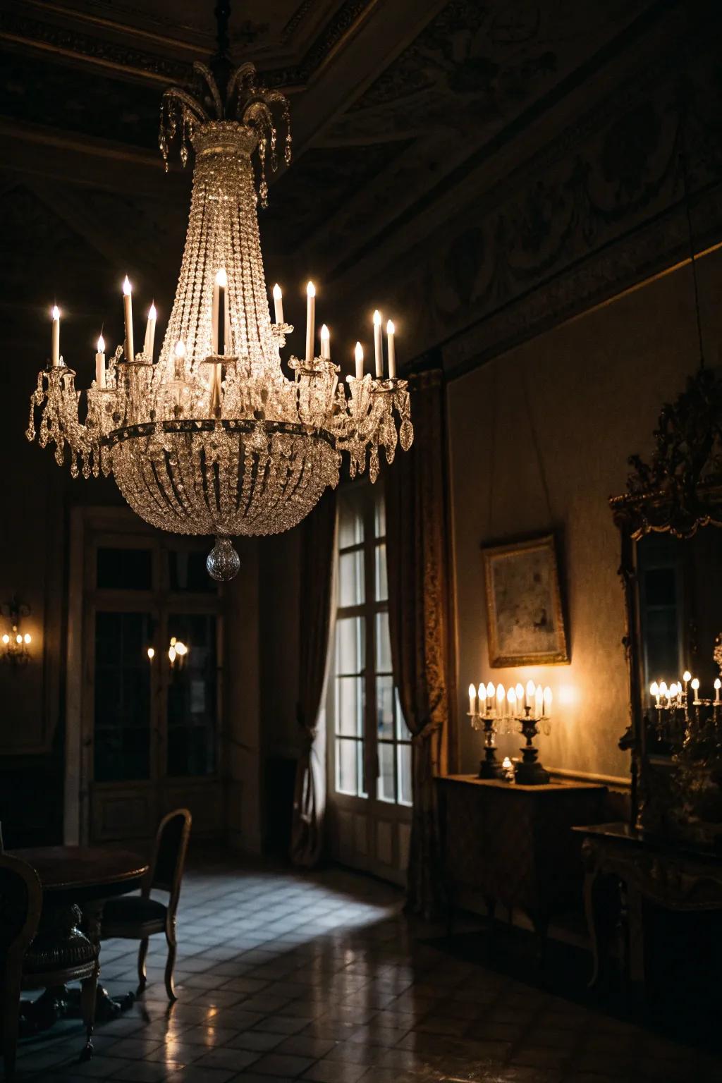 A dimly lit room enhanced by a glass chandelier.