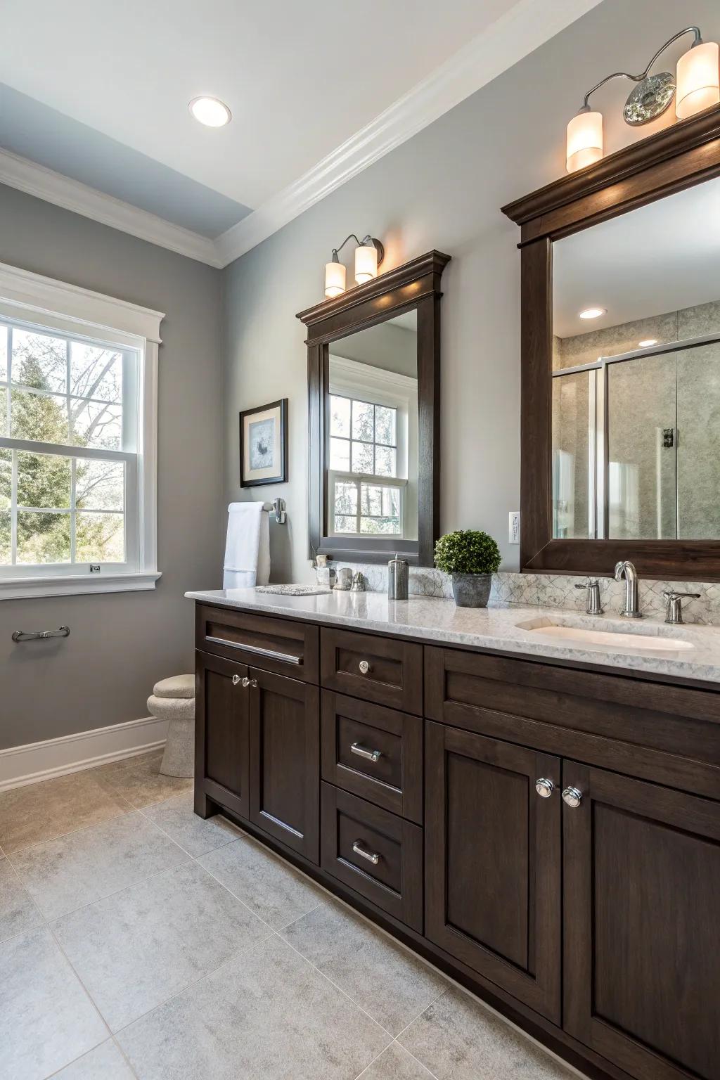 Dark wood cabinets offer a striking contrast to light gray walls.