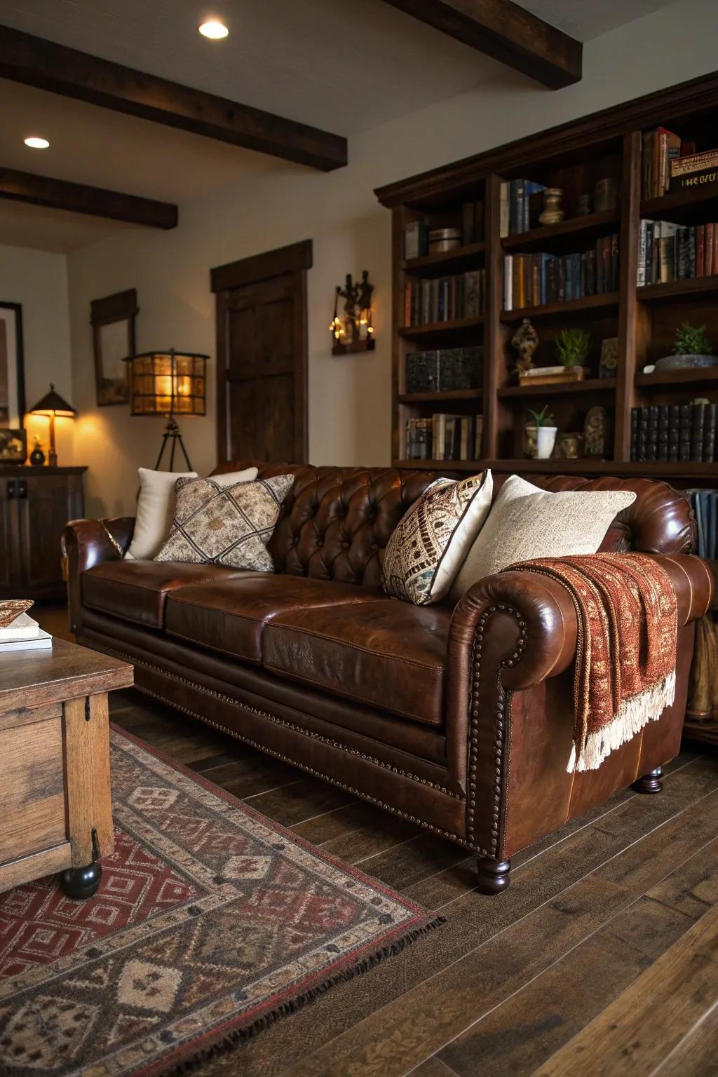 Dark wood flooring complemented by a luxurious leather sofa.