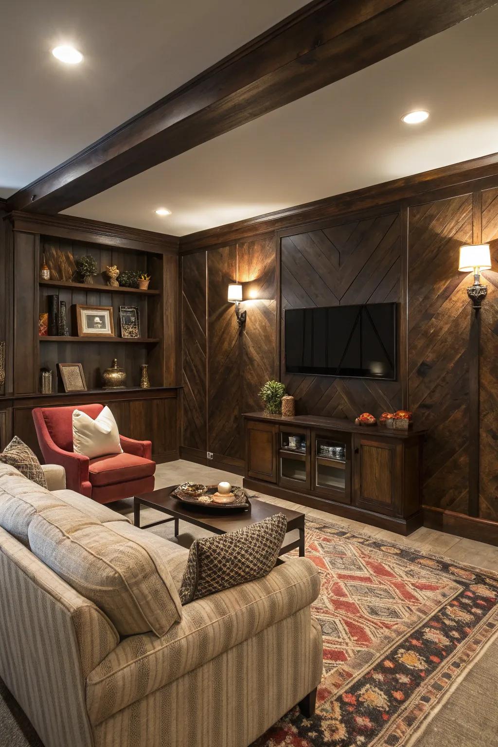 A deep-toned wood statement wall introduces a hint of opulence.
