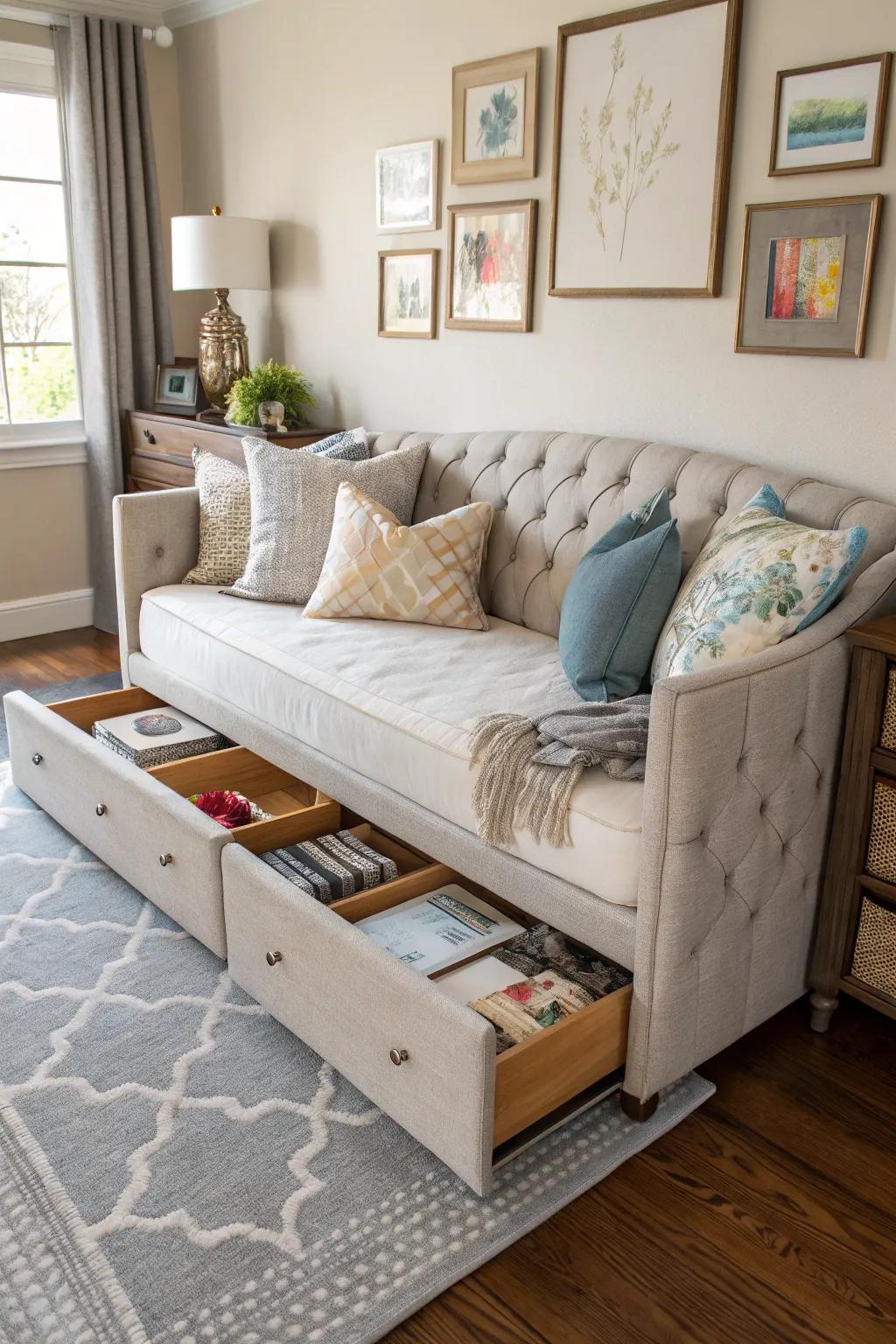 A daybed with storage drawers for keeping your space tidy and clutter-free.