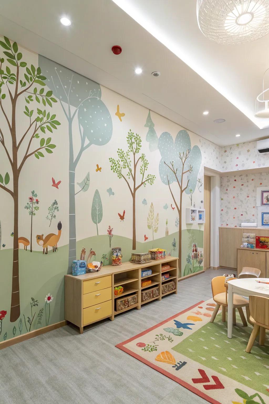 A daycare room showcasing a charming forest-themed wallpaper.