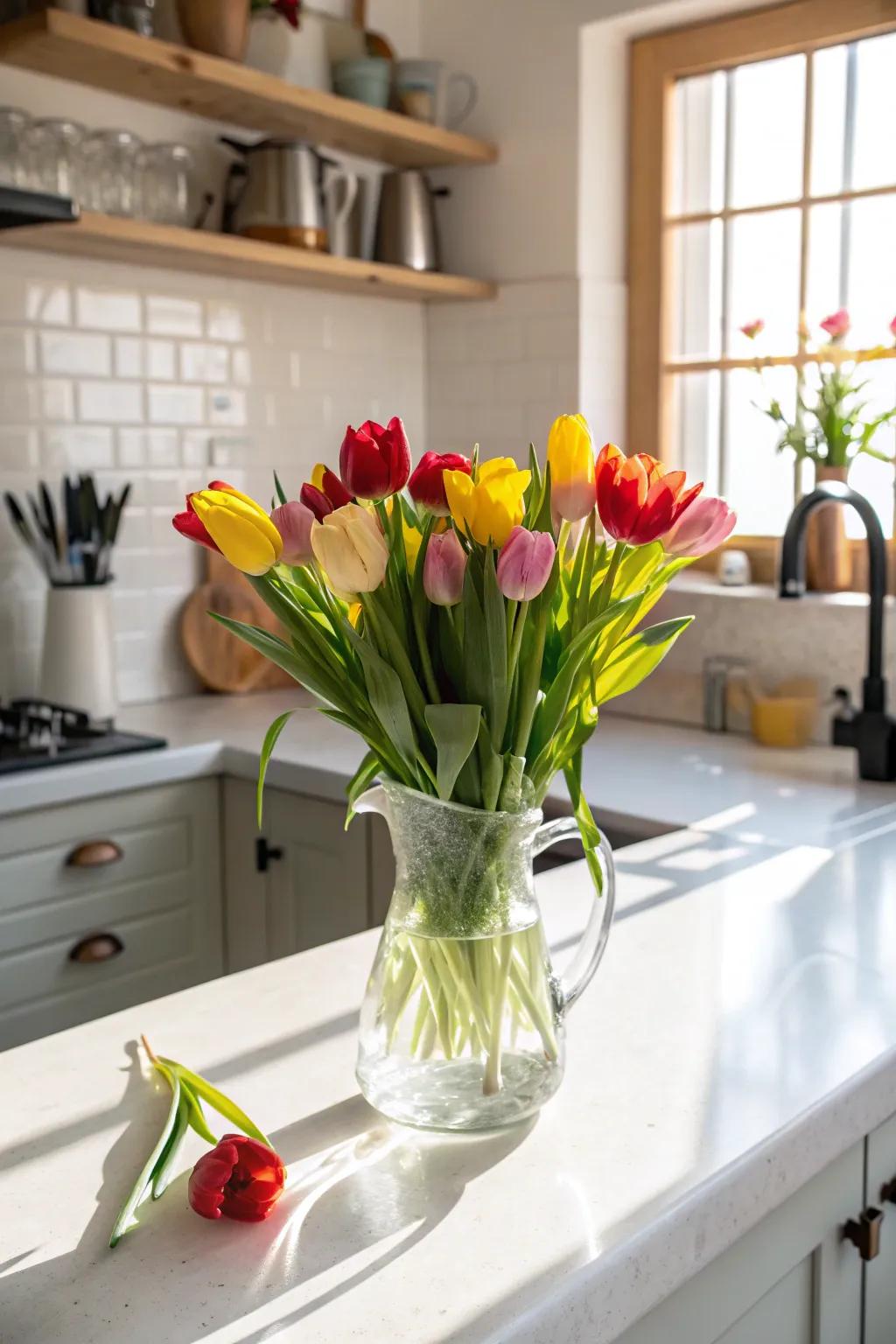 Vessel used as a vase for vibrant tulips.