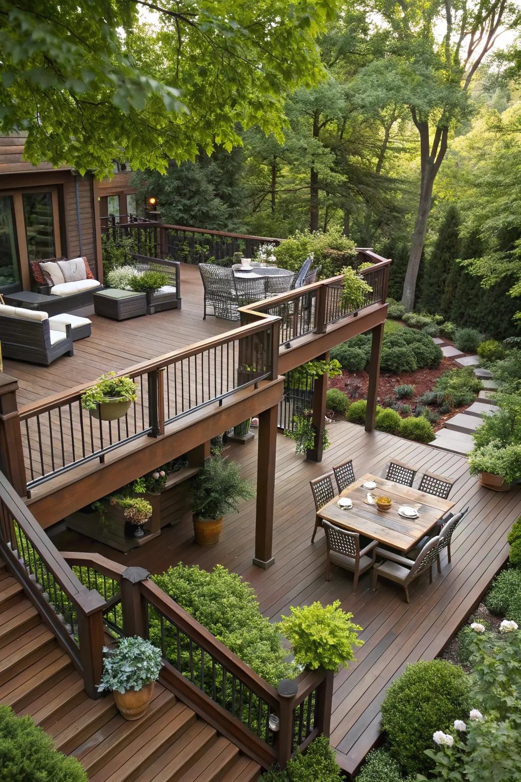 A beautifully tiered deck providing various areas for different activities.
