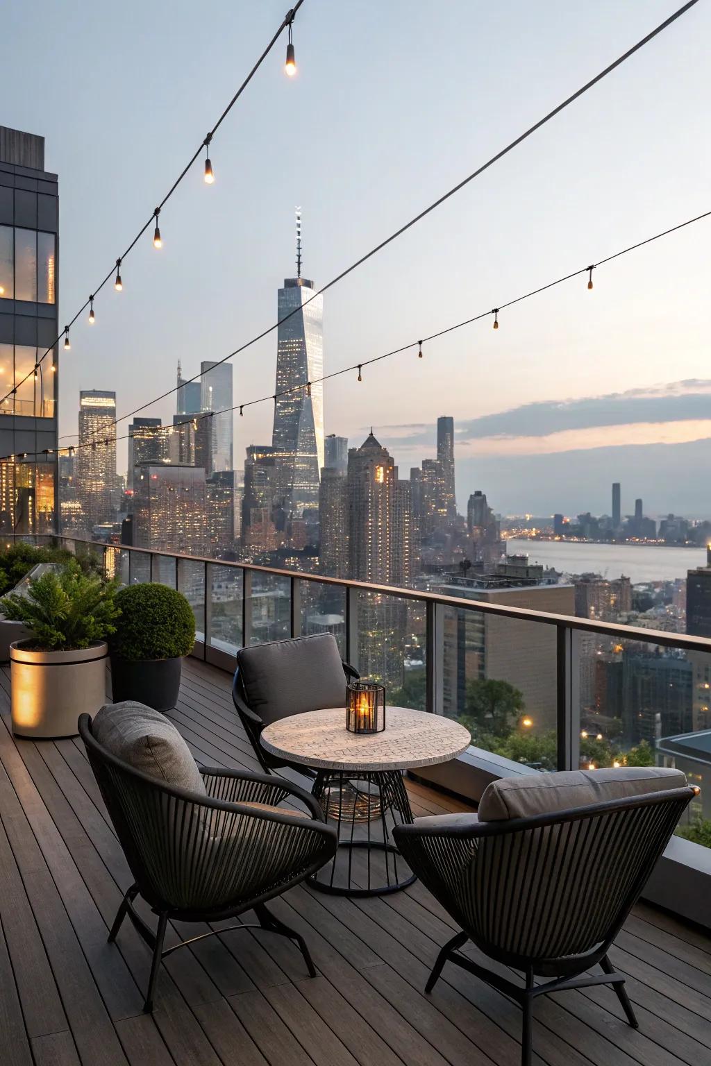 A contemporary rooftop deck offers stunning panoramas and a tranquil escape.